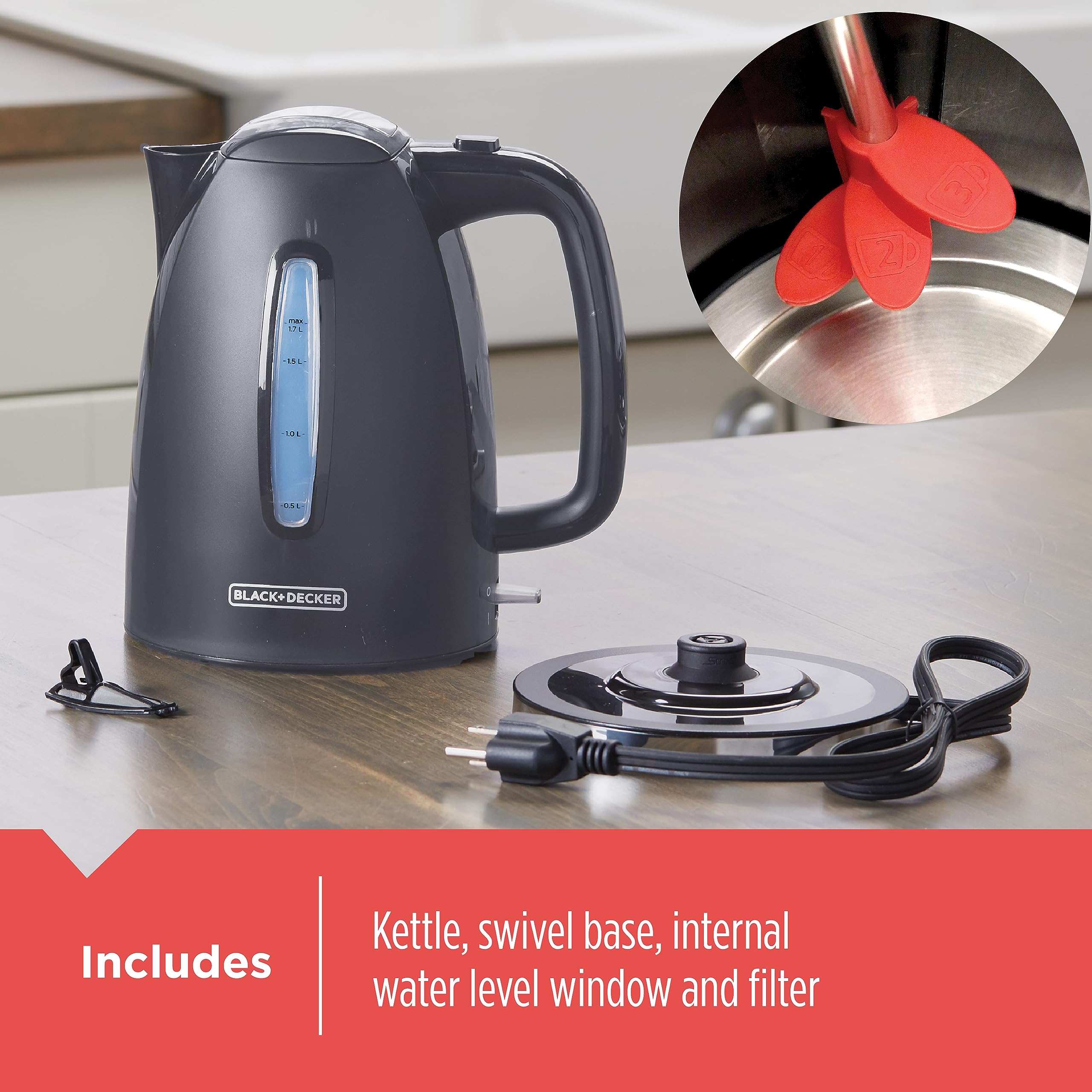 Black+Decker 1.7L Cordless Electric Kettle, Ke1555Gy, Water Window, Rapid Boil, Auto Shutoff, Grey