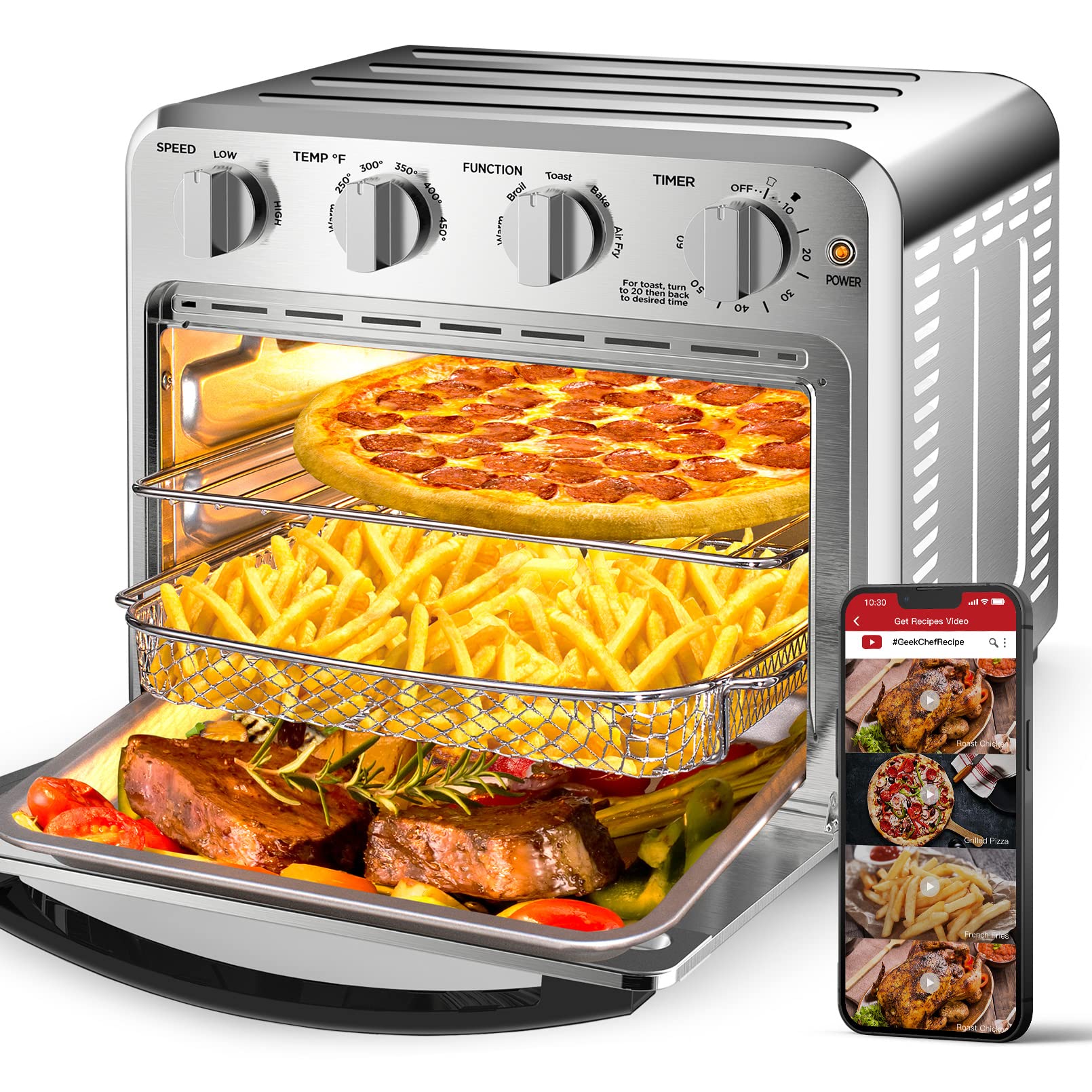 Geek Chef Air Fryer Toaster Oven Combo,16Qt Convection Ovens Countertop, 4 Slice Toaster, 9-Inch Pizza, With Warm, Broil, Toast,