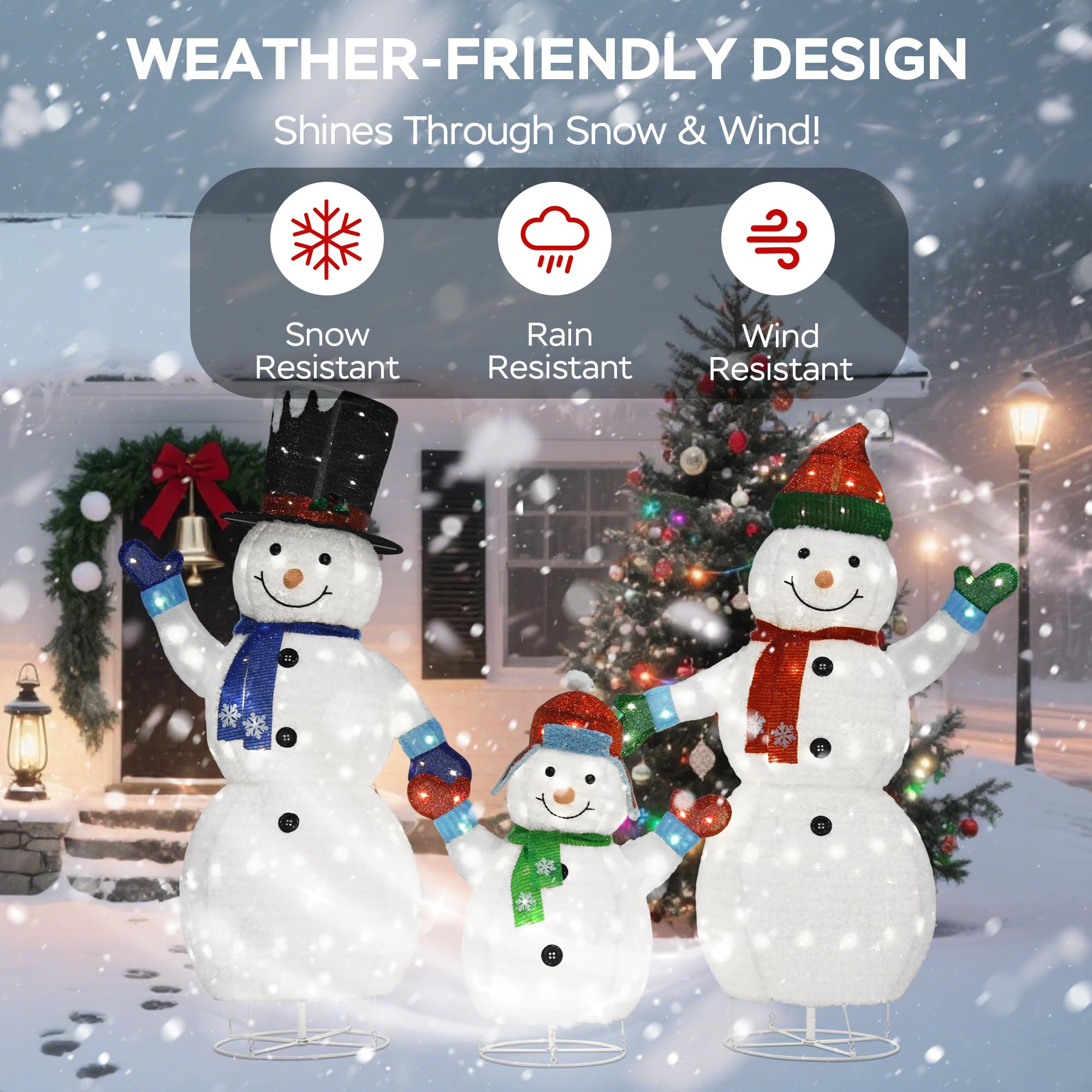 VELTENOVAIRE 62/60/35 Large 3D Pop-Up Snowman Set, Lighted Snowman Family Outdoor Christmas Decor with 250 Warm White LEDs, Grou