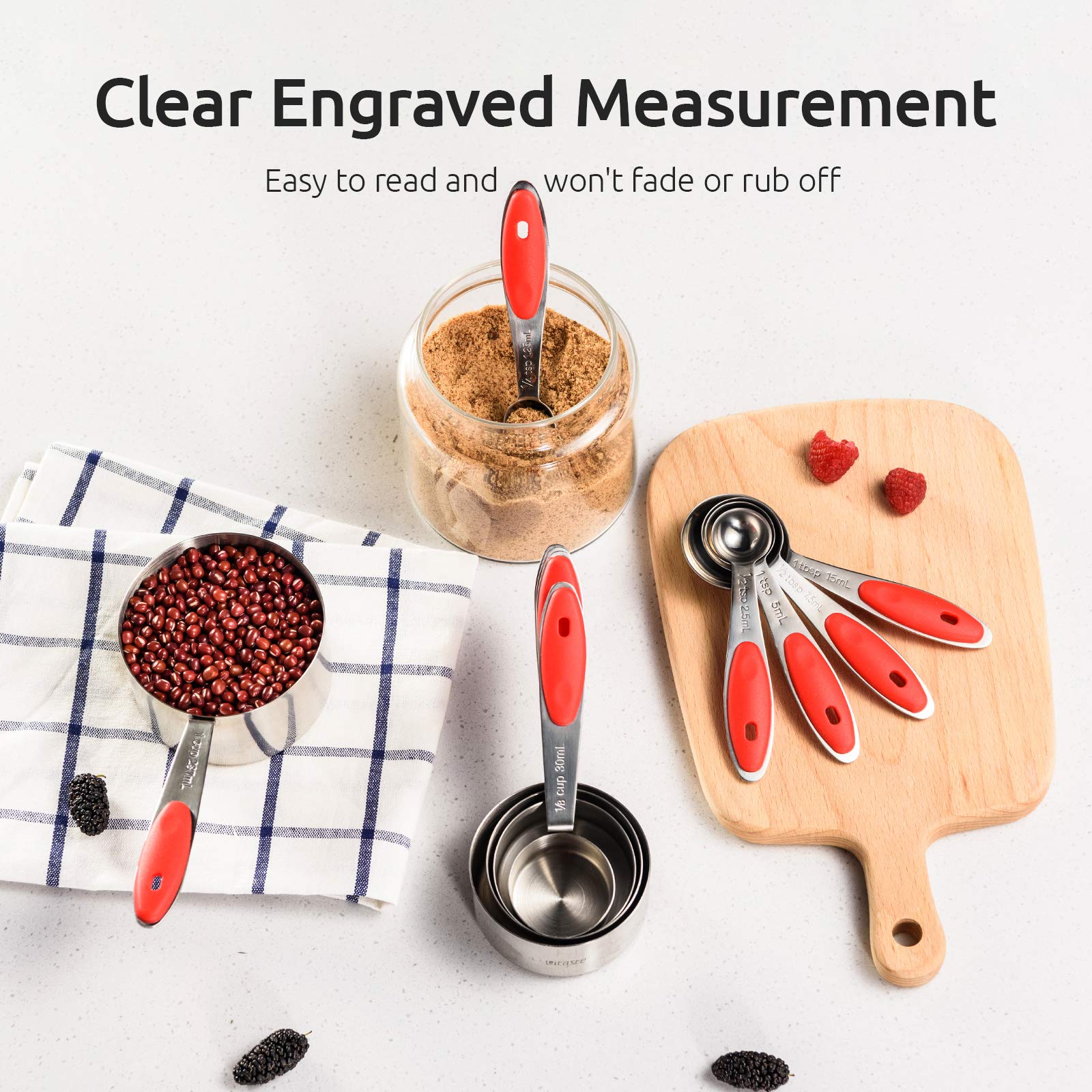 Measuring Cups : U-Taste 18/8 Stainless Steel Measuring Cups And Spoons Set Of 10 Piece, Upgraded Thickness Handle(Red)