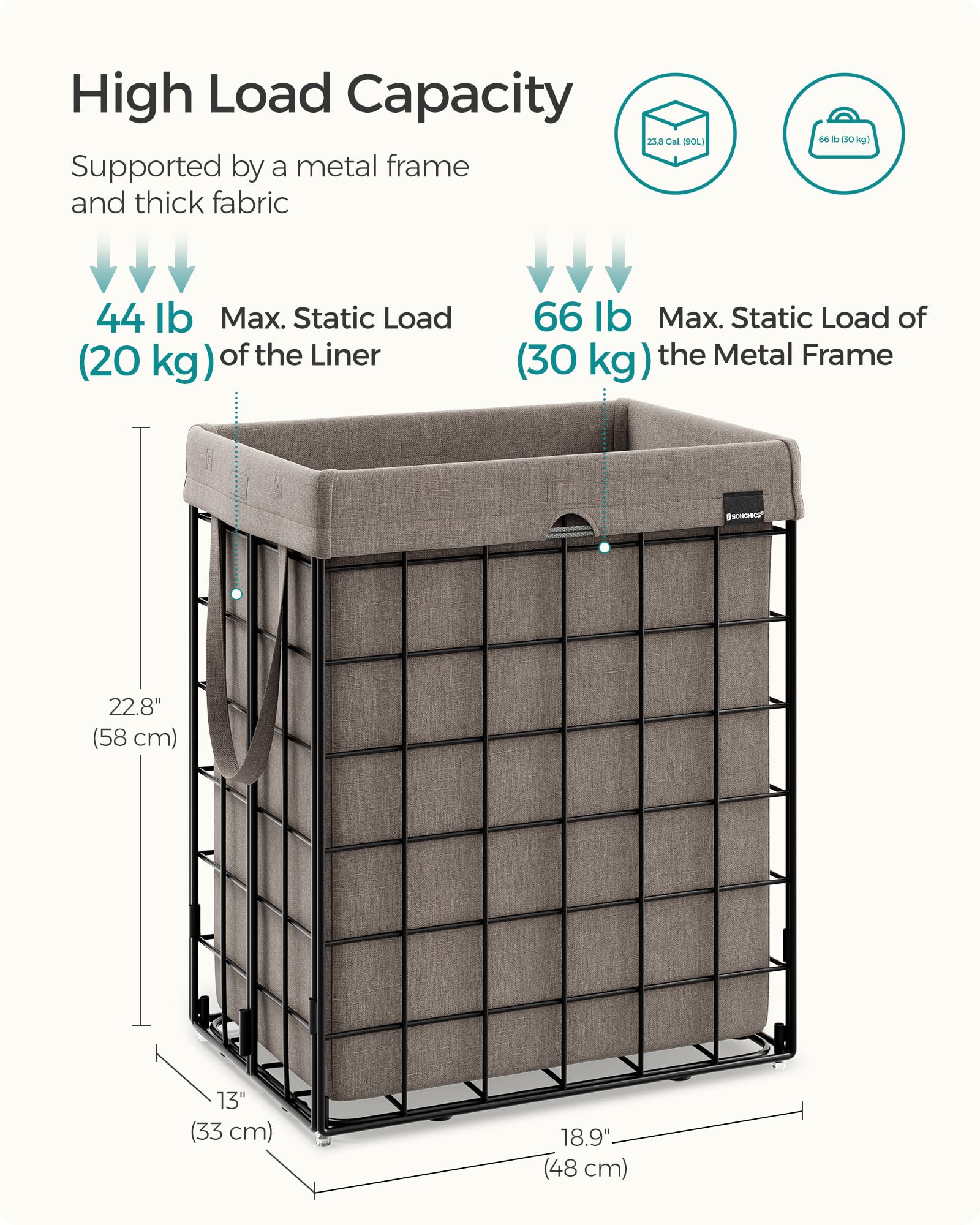 Songmics Laundry Hamper, 23.8 Gal (90L) Laundry Basket, Collapsible Clothes Hamper, Removable And Washable Liner, Metal Wire Fra