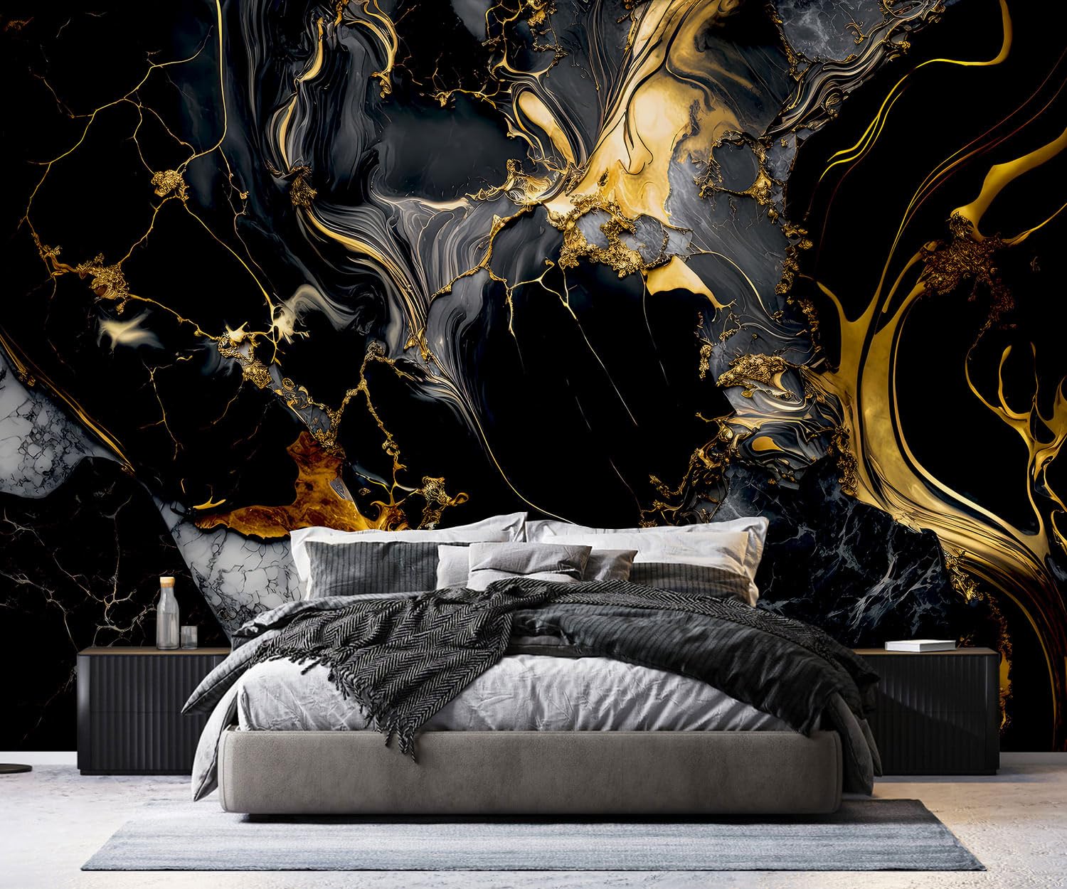 PYFFYP- Abstract Black and Gold Marble Peel and Stick Wallpaper murals for Bathroom