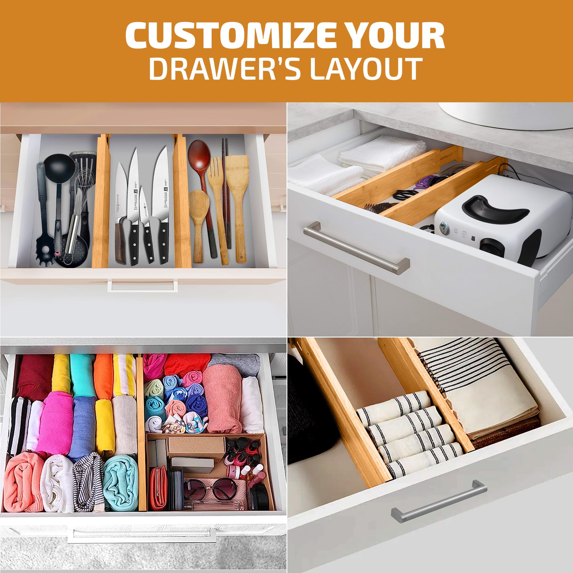 Large Kitchen Drawer Organizer - Expandable Bamboo Drawer Dividers (17.5'' - 22'') - Adjustable Separators for Kitchen, Clothes,
