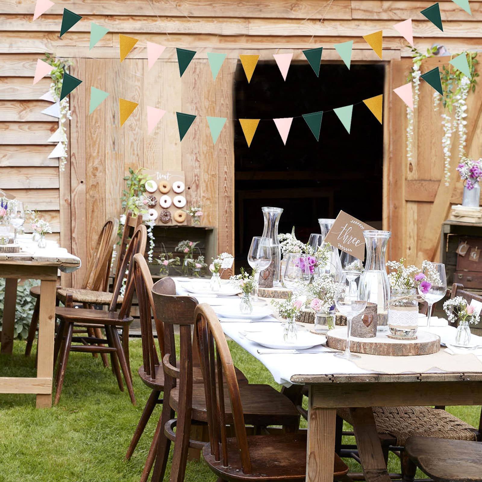 Sage Green Pink Gold Pennant Banner,2 Pack Paper Triangle Flags,Baby Bridal Shower Safari Birthday Tropical Jungle Party Decorat