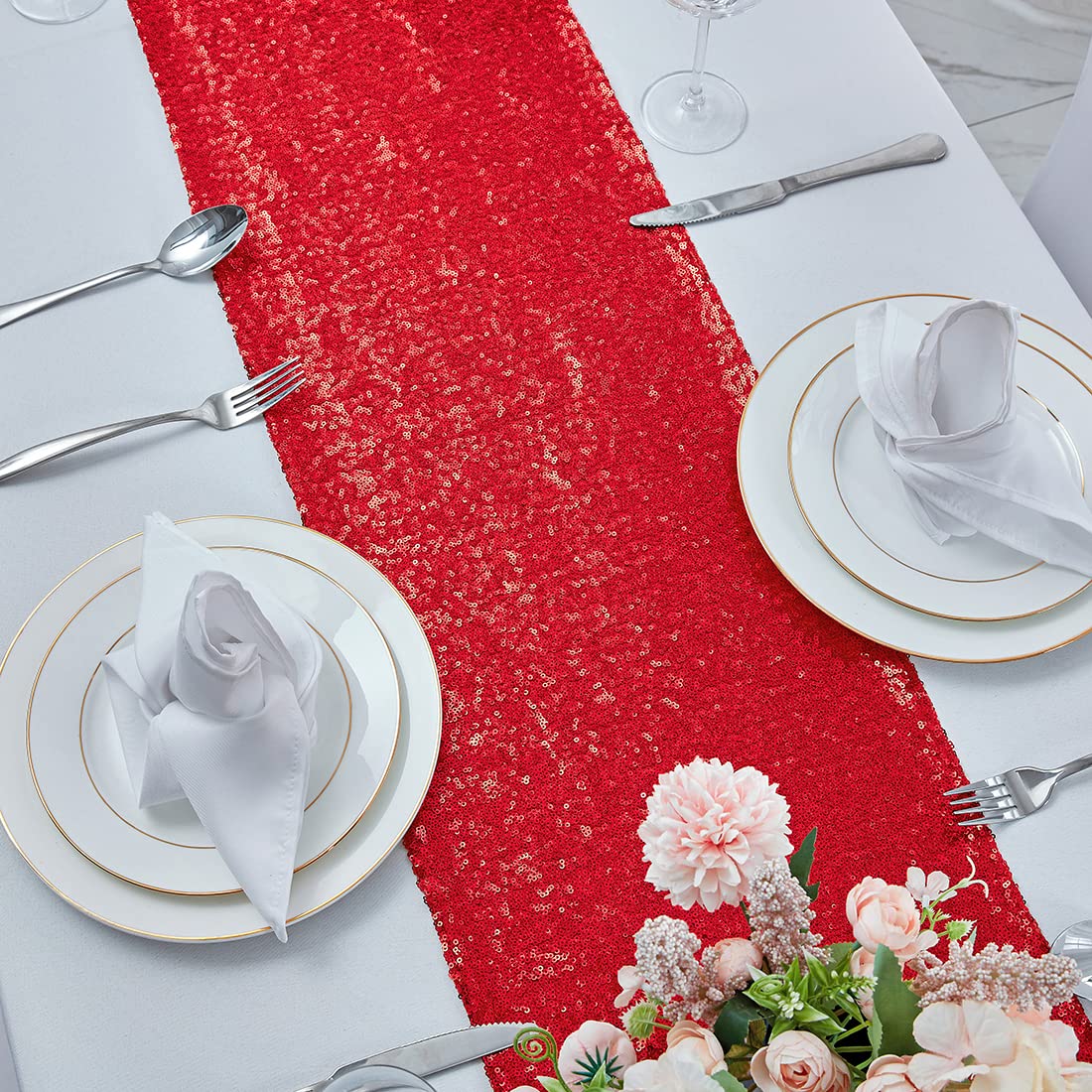 6 Packs 12 X 72 Inches Red Sequin Table Runner, Glitter Runner For Birthday Party Supplies Decorations Wedding Bachelorette Holi
