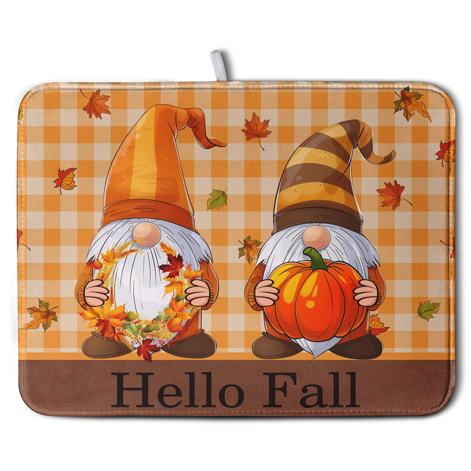 Hello Fall Autumn Gnomes Dish Drying Mat 16x18 Thanksgiving Pumpkin Maple Leaves Harvest Kitchen Drying Mat Orange White Buffalo