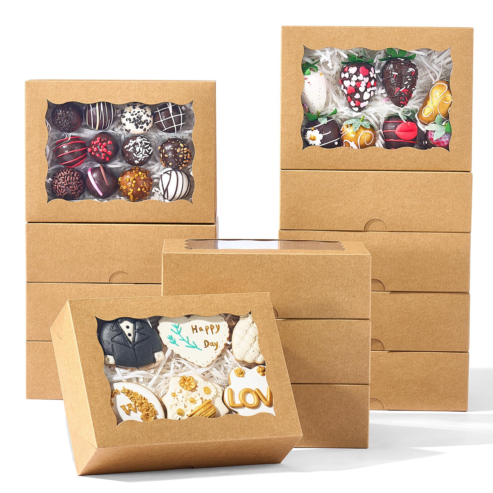 SLShePack 8x6x2.5 Inch 50PCS Baking Boxes with Window for Pastry,Treat,Macaron,Dount,Cookies,Chocolate Covered Strawberries,Brow