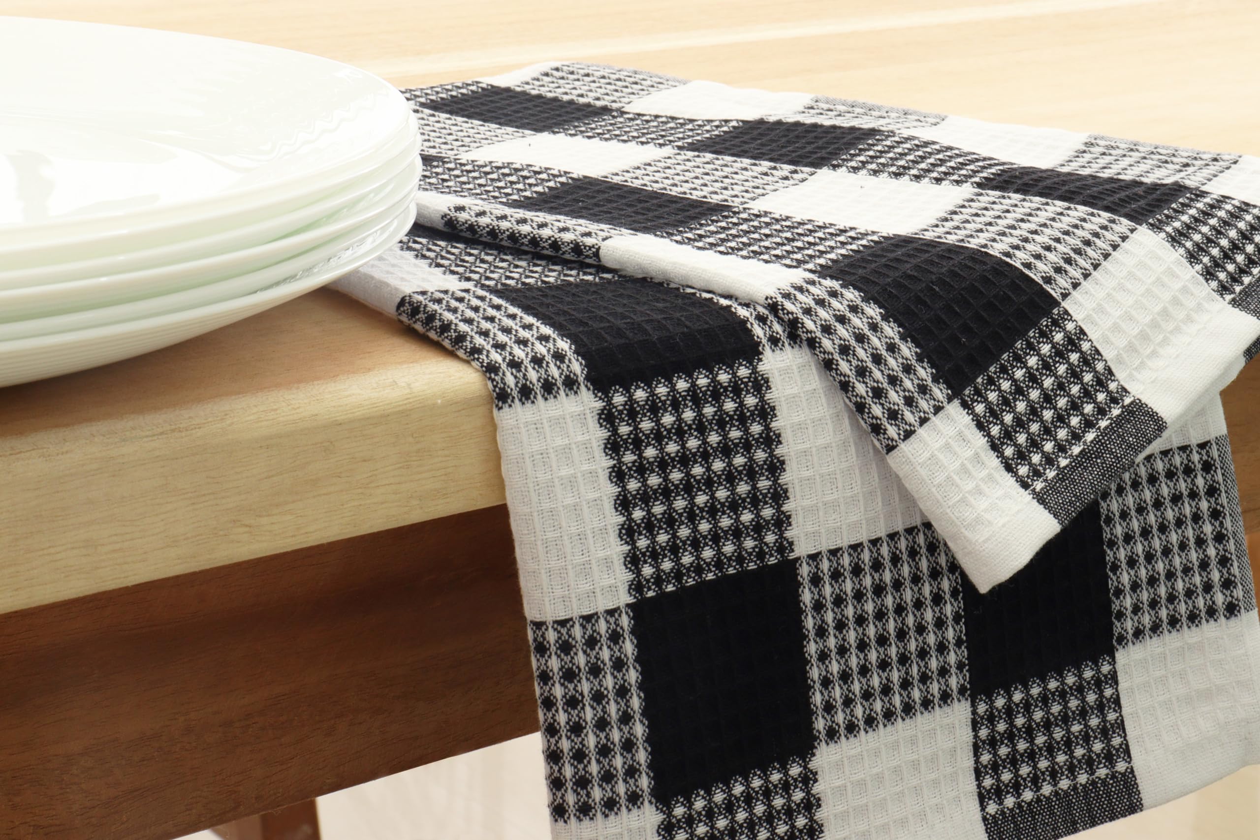 PurpleEssences 100% Cotton Waffle Weave Check Plaid Kitchen Towels, Super Soft and Absorbent Dish Towels for Drying Dishes 15 x