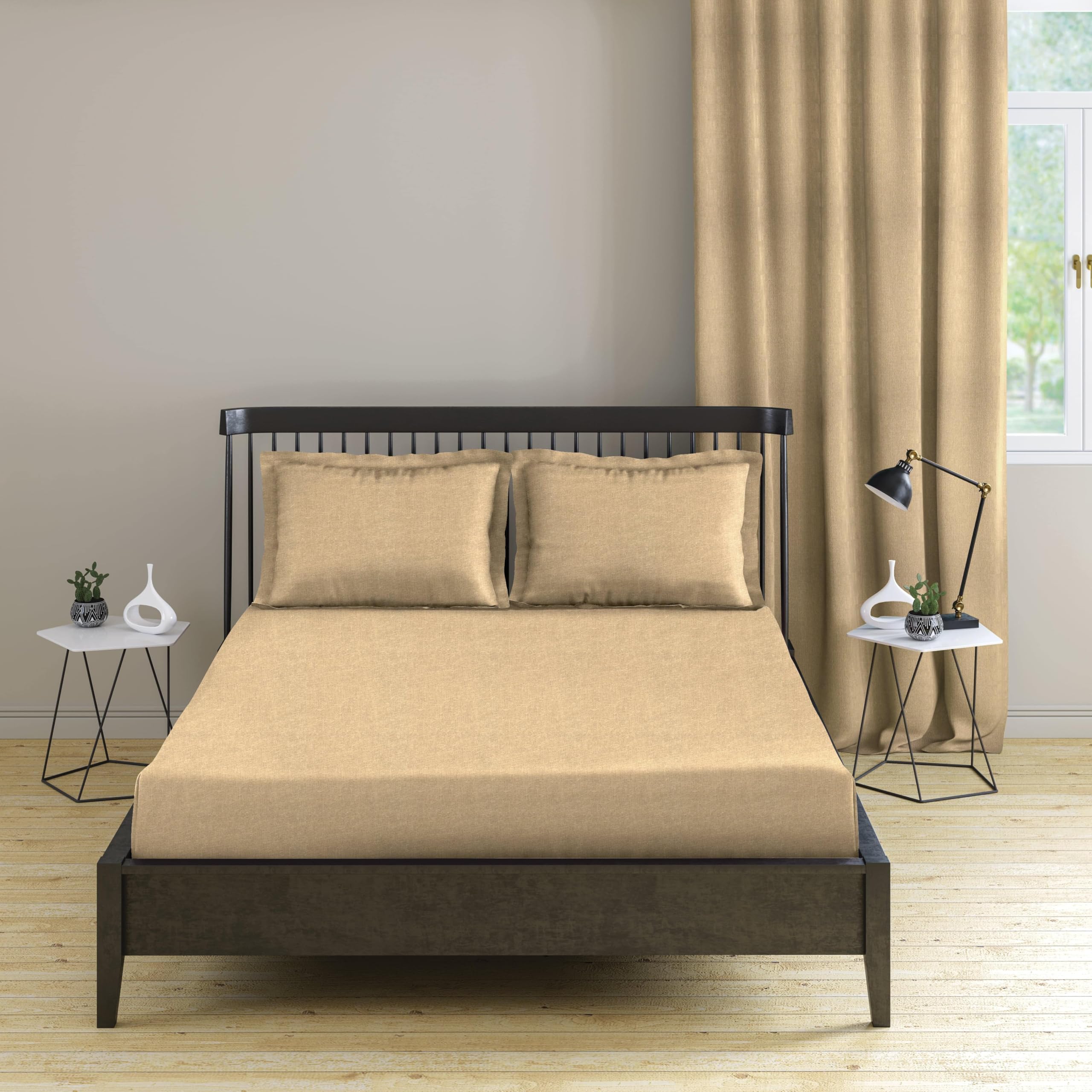 Trance Home Linen Cotton Bedsheet | 144 Tc Thin Flat Bedsheet | Queen Bed Sheet For Regular Use With 2 Pillow Cover - Beige