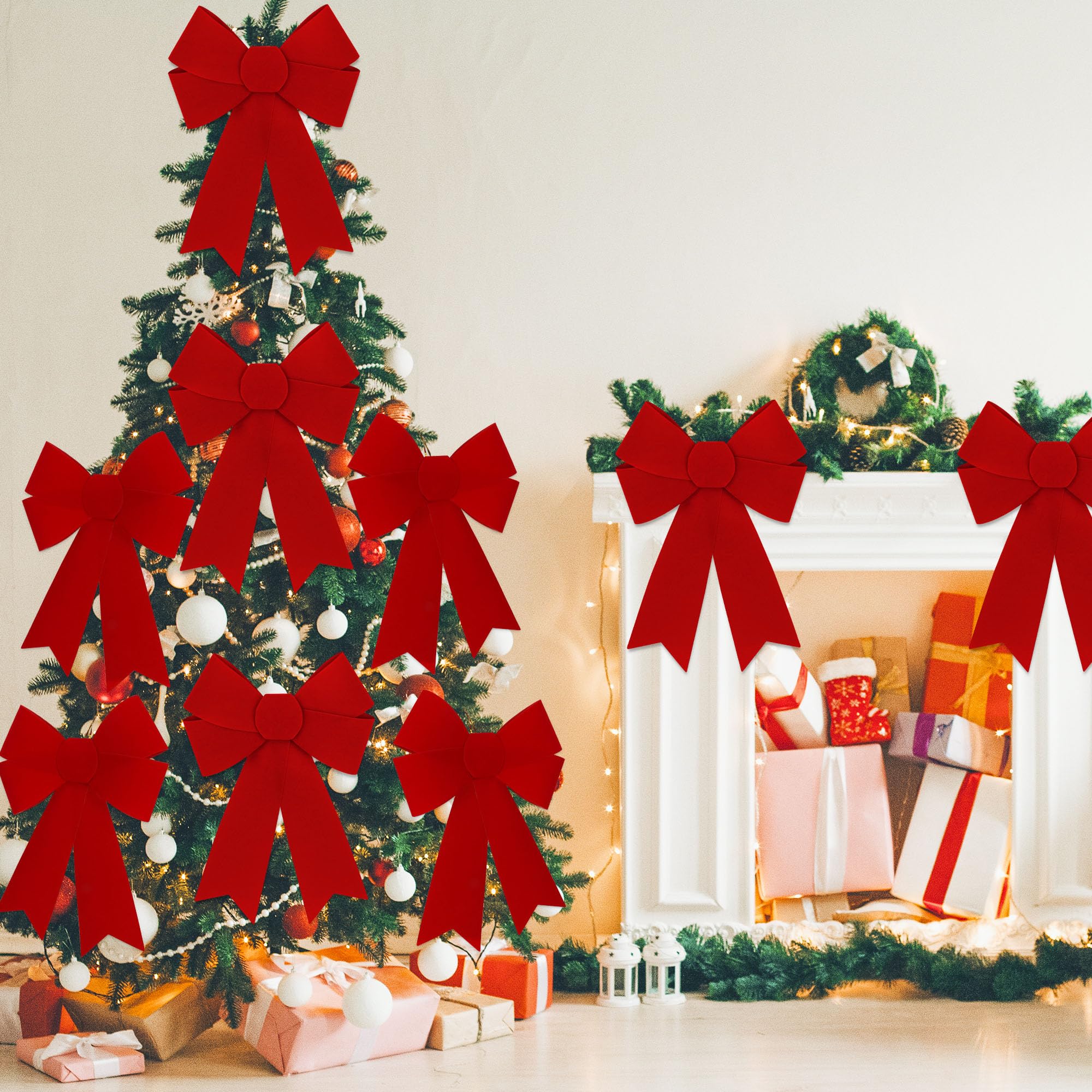 48 PCS Christmas Decorations, 9 x 12 Inches Large Christmas Bows, Red Velvet PVC Hanging Xmas Tree Decorations Indoor Outdoor Xm
