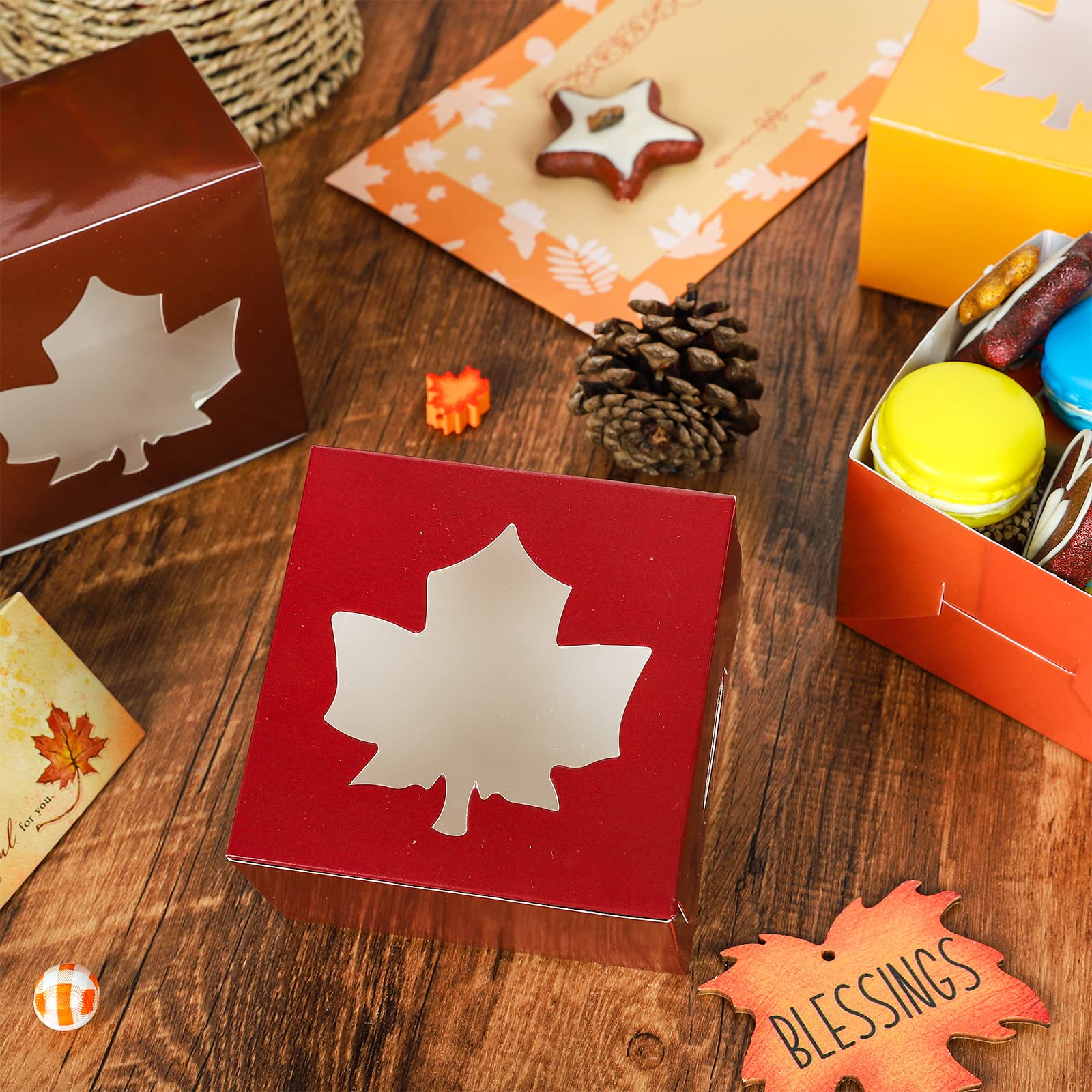 Anydesign 24Pcs Fall Treat Boxes 4 Colors Cardboard Box With Maple Leaf Shape Window Autumn Thanksgiving Paper Gift Container Fo