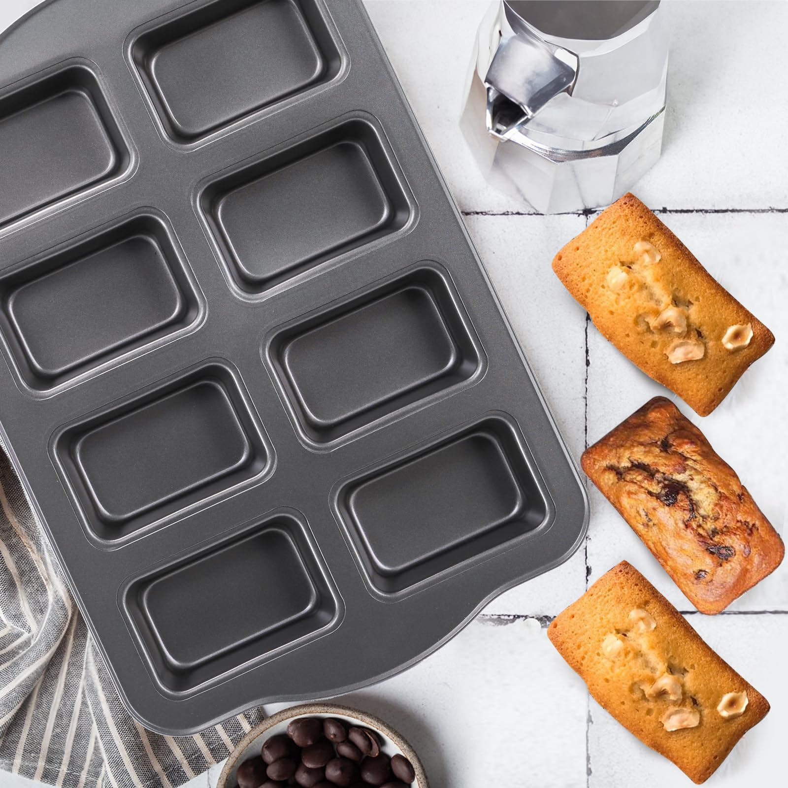 Lawei Mini Loaf Pan Set - 2 Pack Non-Stick Carbon Steel, 8 Cavity, 14 x 9.5 x 1.2 inch, Black, Perfect for Corn