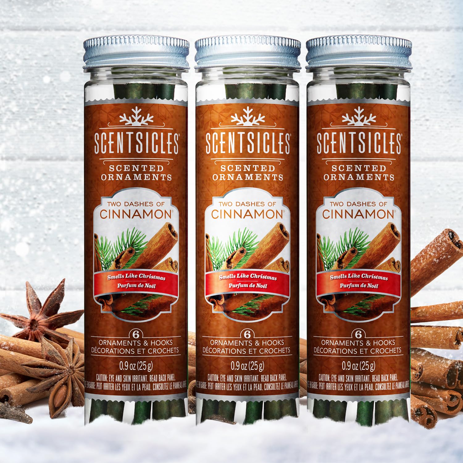 Scentsicles Two Dashes of Cinnamon Scented Christmas Ornaments with Hooks - 3 Bottles (18 Sticks Total)