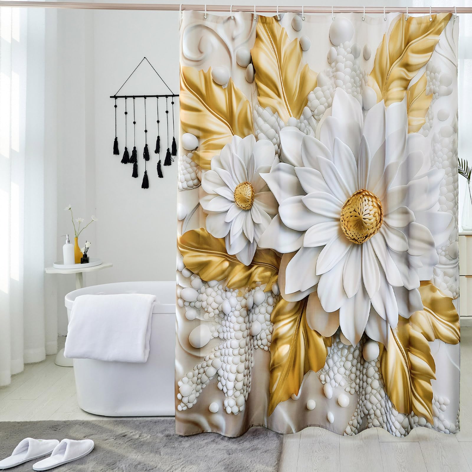Macofe Luxurious Golden Floral Shower Curtain, Beige Tone With White Flower Pearlescent Fabric Bathroom Decor, Waterproof & Wash