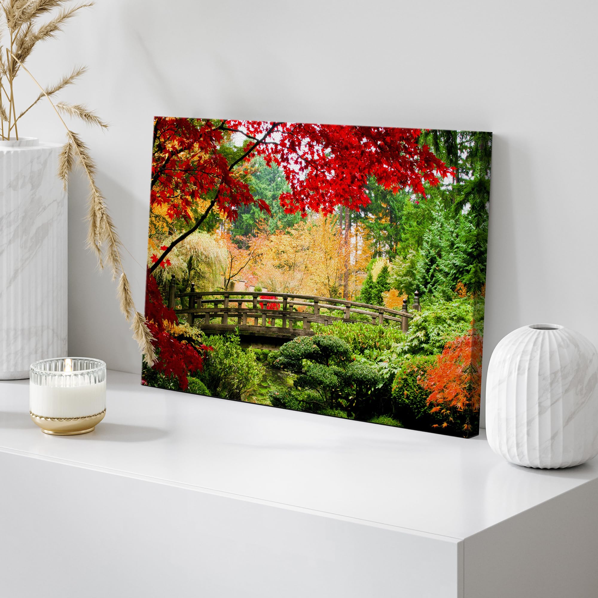 Wall26 Canvas Print Wall Art Asian Style Bridge In Autumn Fall Forest Nature Wilderness Photography Modern Art Rustic Scenic Col