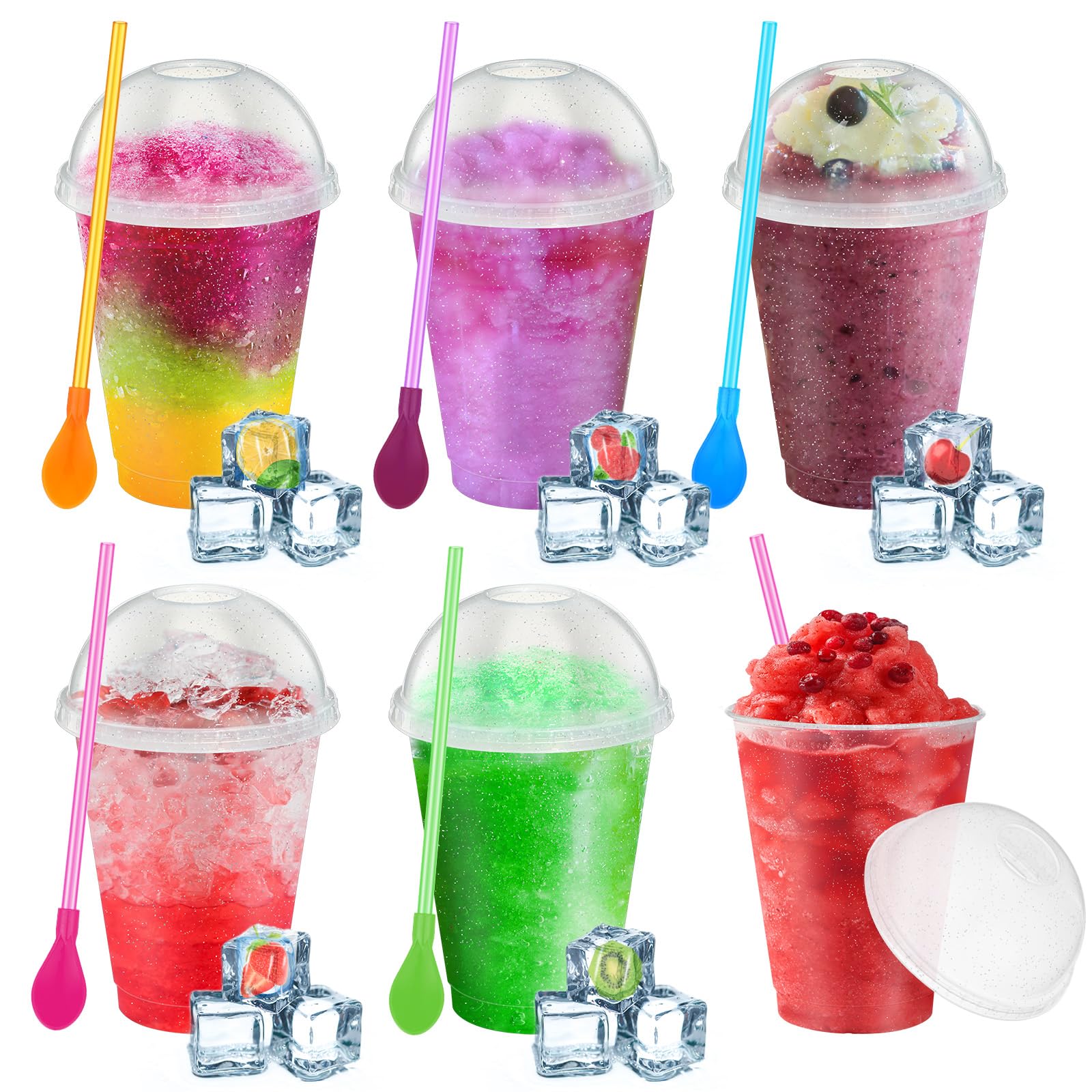 Ninehaoou 6 Set 16 oz Slushie Cups with Lid Straw, Transparent White, 16 oz