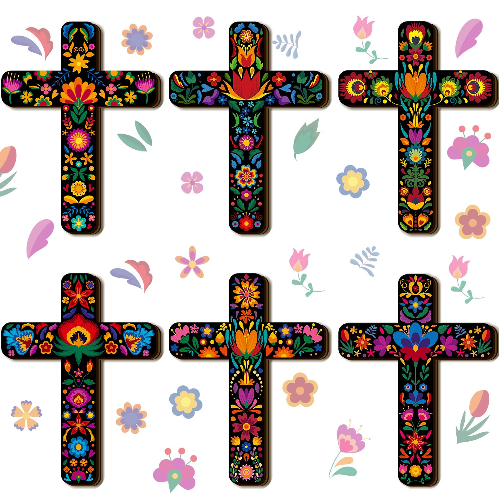 Soaoo 6 Pcs Floral Cross Wall Decor Mexican Home Decor Hand Painted Inspirational Wooden Cross The Ofrenda of The Dead Day Sugar