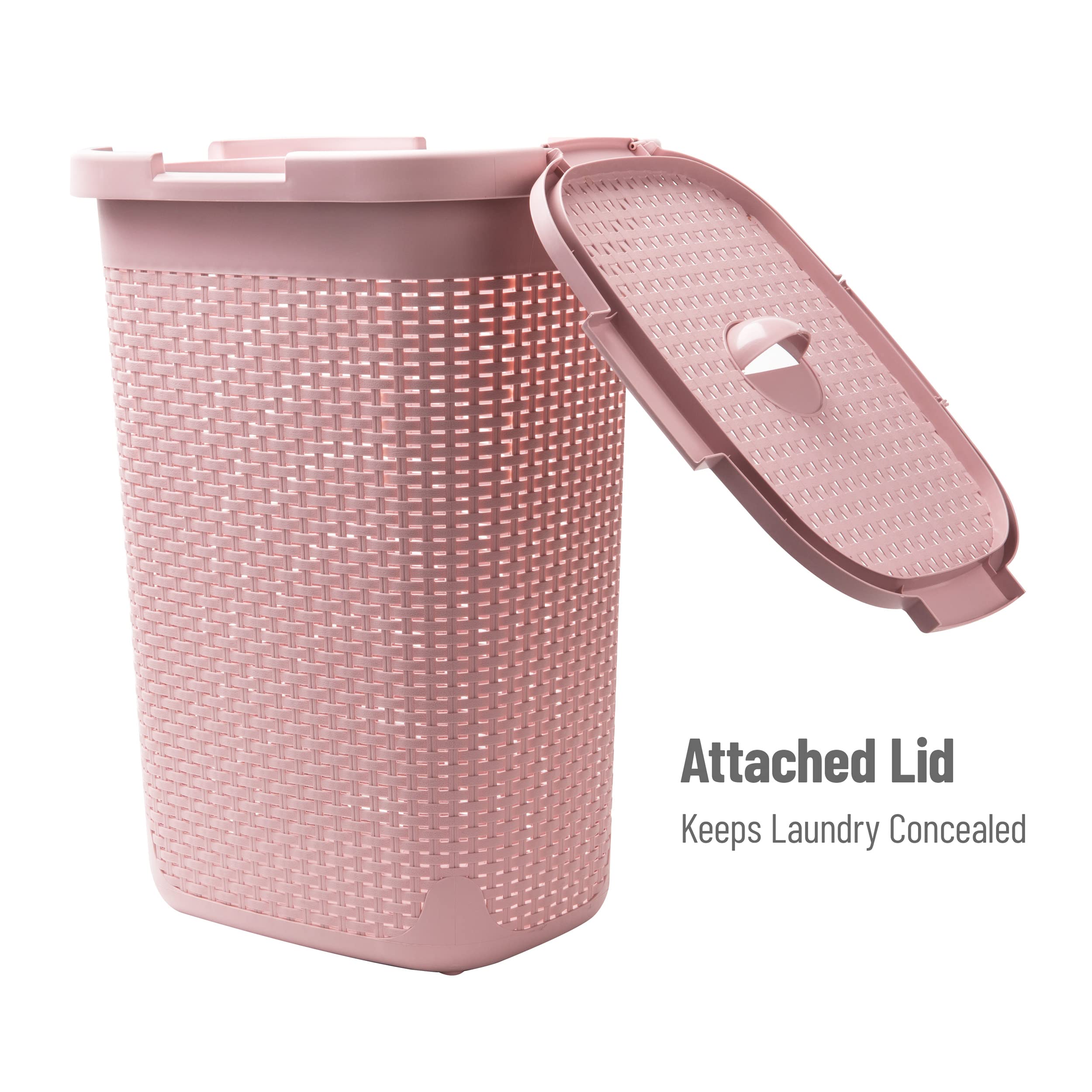 Mind Reader 60L Slim Laundry Hamper, Clothes Basket, Lid, Wicker Style, Plastic, 17.65''L X 13.75''W X 24.15''H, Set Of 2, Pink