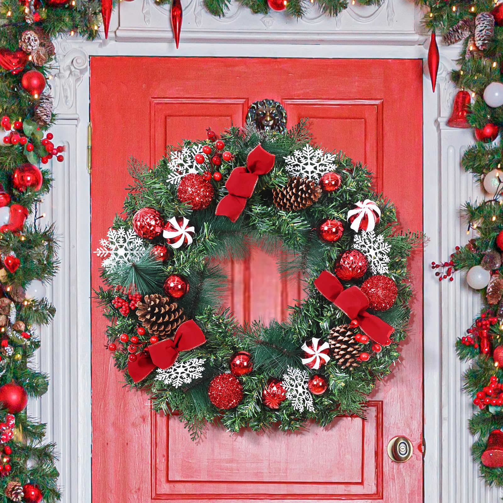 Christmas Wreaths for Front Door - 2 Pack 18'' Christmas Wreath with Lights Bow Berries Cones Pine Needles, Christmas Door Wreat