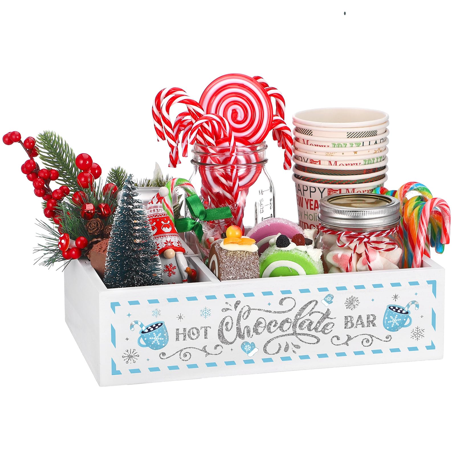 Geetery Christmas Hot Cocoa Bar Wood Station Organizer Countertop with 4 Compartment Cocoa Decorative Storage Bins Vintage Open 