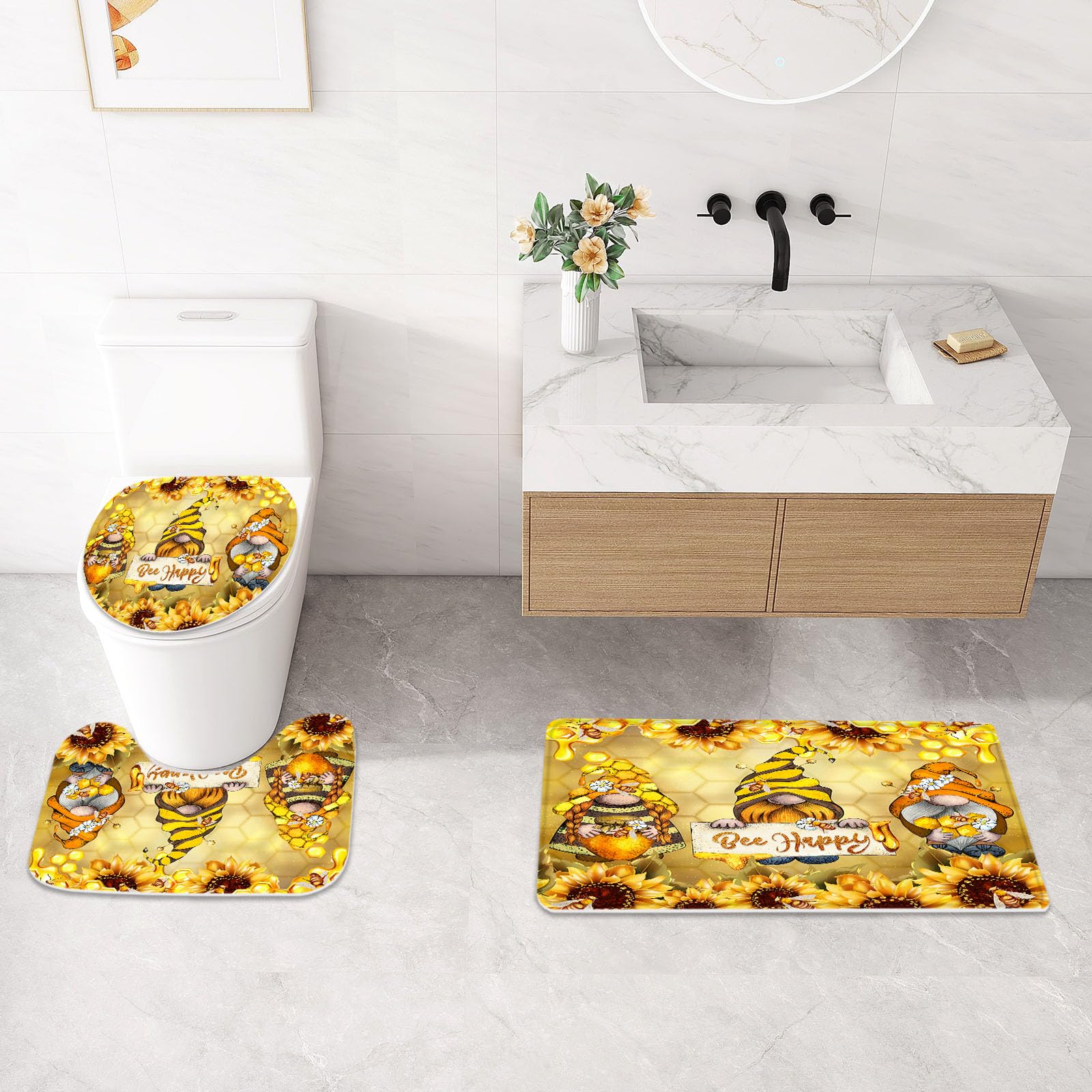 Litabel 4 Pcs Autumn Gnomes Shower Curtain Set With Non-Slip Rugs, Toilet Lid Cover And Bath Mat, Farmhouse Country Bathroom Dec