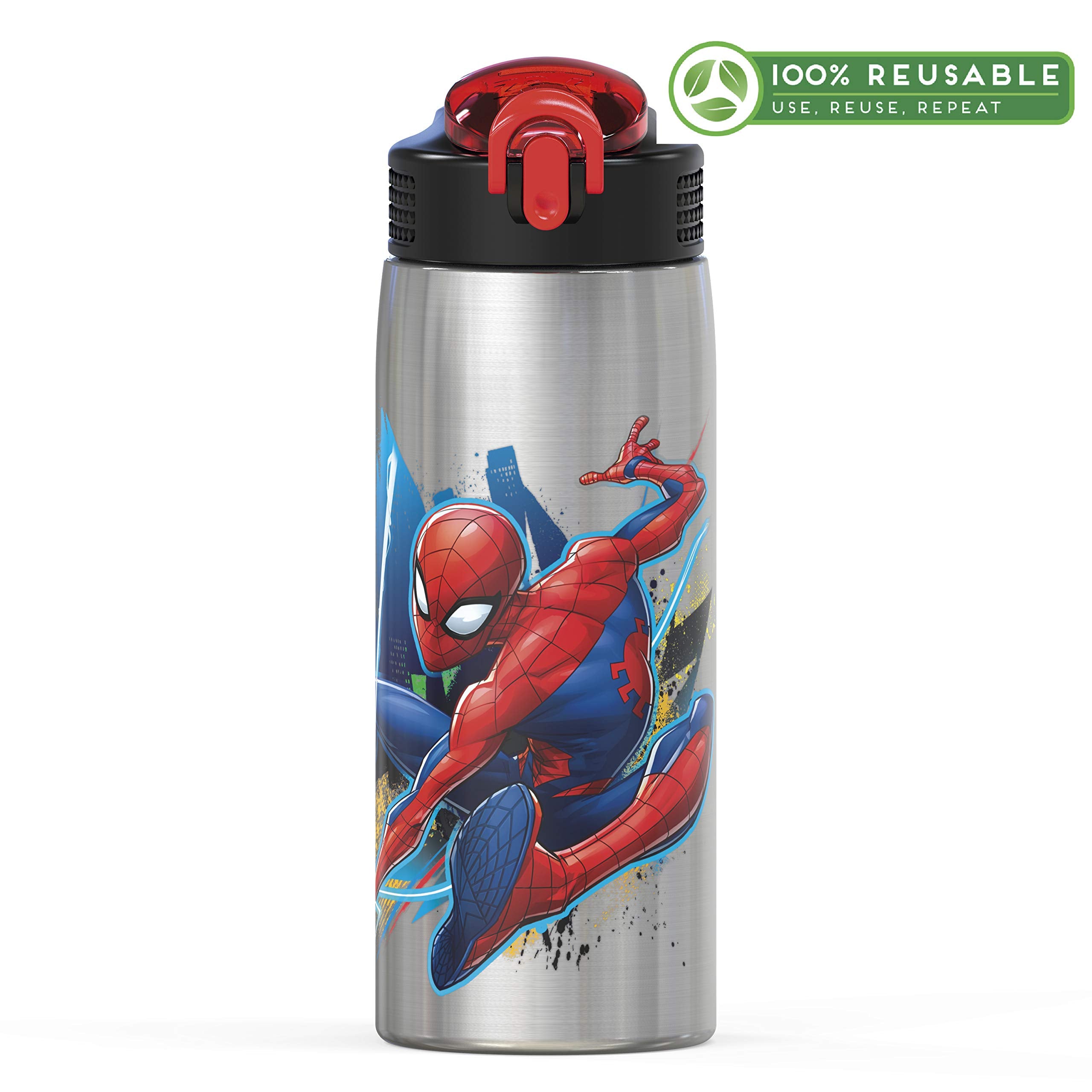 Zak Designs 27Oz Marvel 18/8 Single Wall Stainless Steel Water Bottle With Flip-Up Straw And Locking Spout Cover, Durable Cup Fo