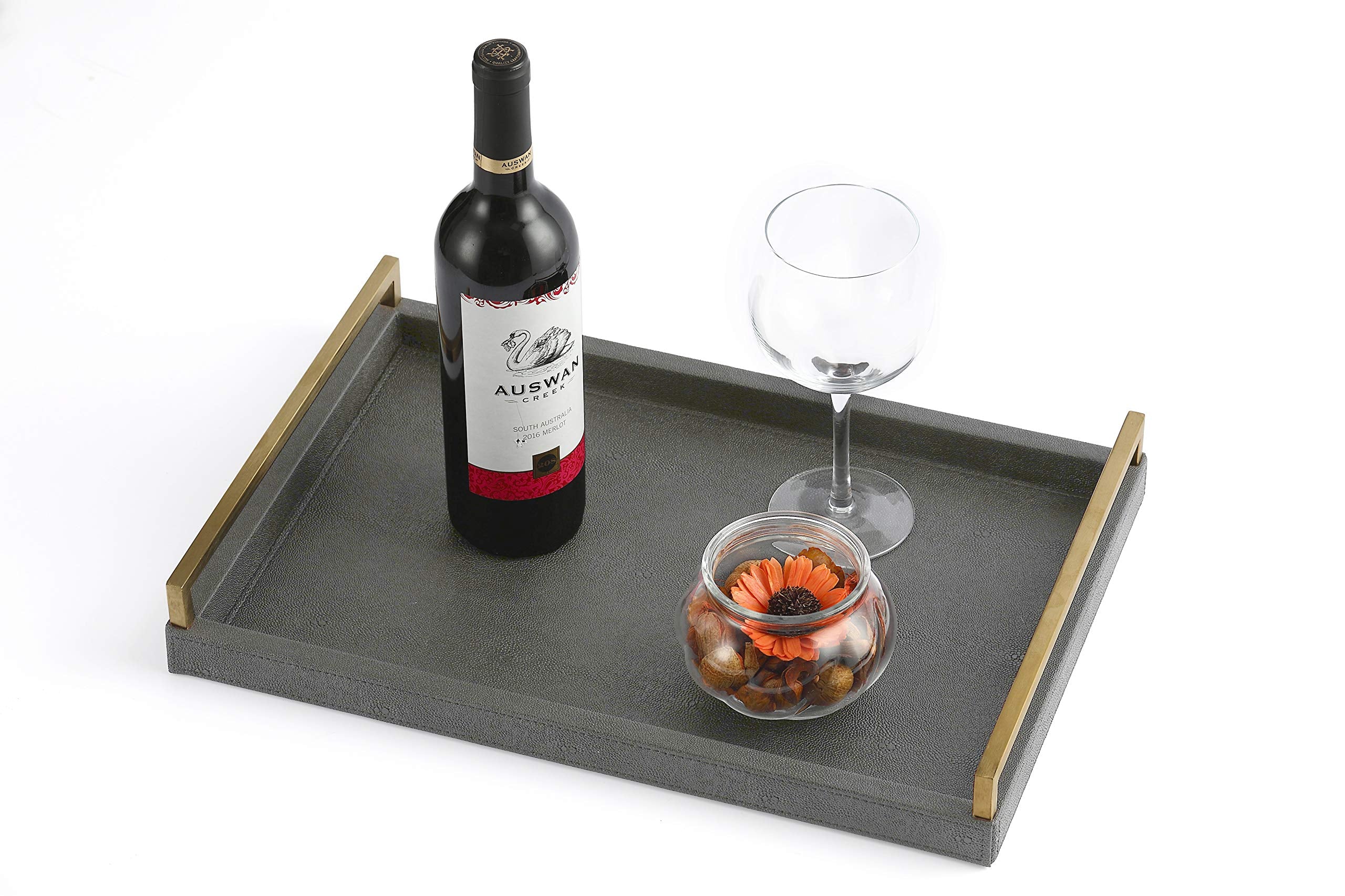 Wv 17.8 * 11.8'' Grey Shagreen Large Serving Tray With Brushed Gold Handle,Faux Leather Home Decorative Tray, Coffee Table Tray