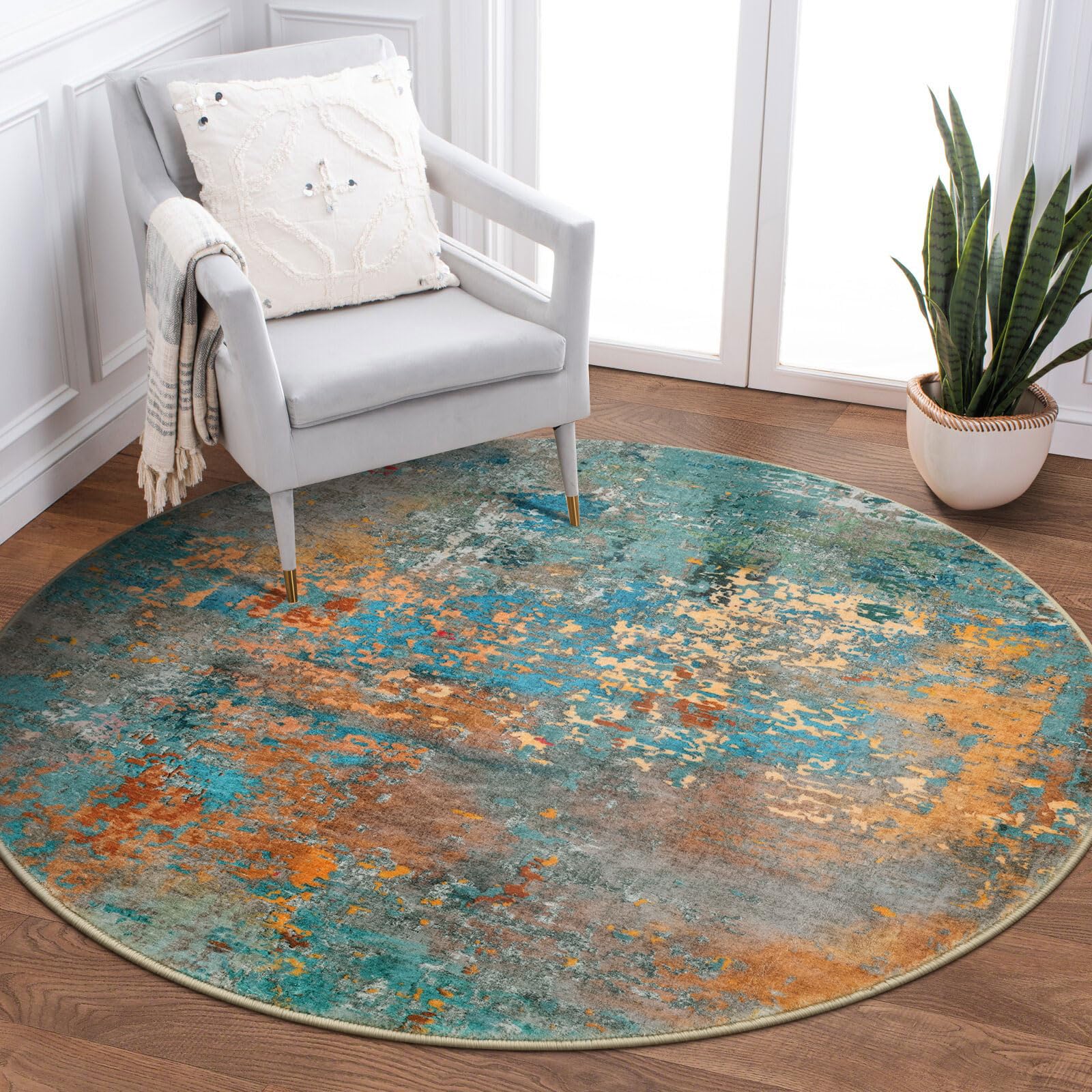 Lahome Modern Abstract Round Rug - 3Ft Colorful Entry Circle Rug Non Slip Kitchen Rugs Washable Front Door Mat, Contemporary Ind