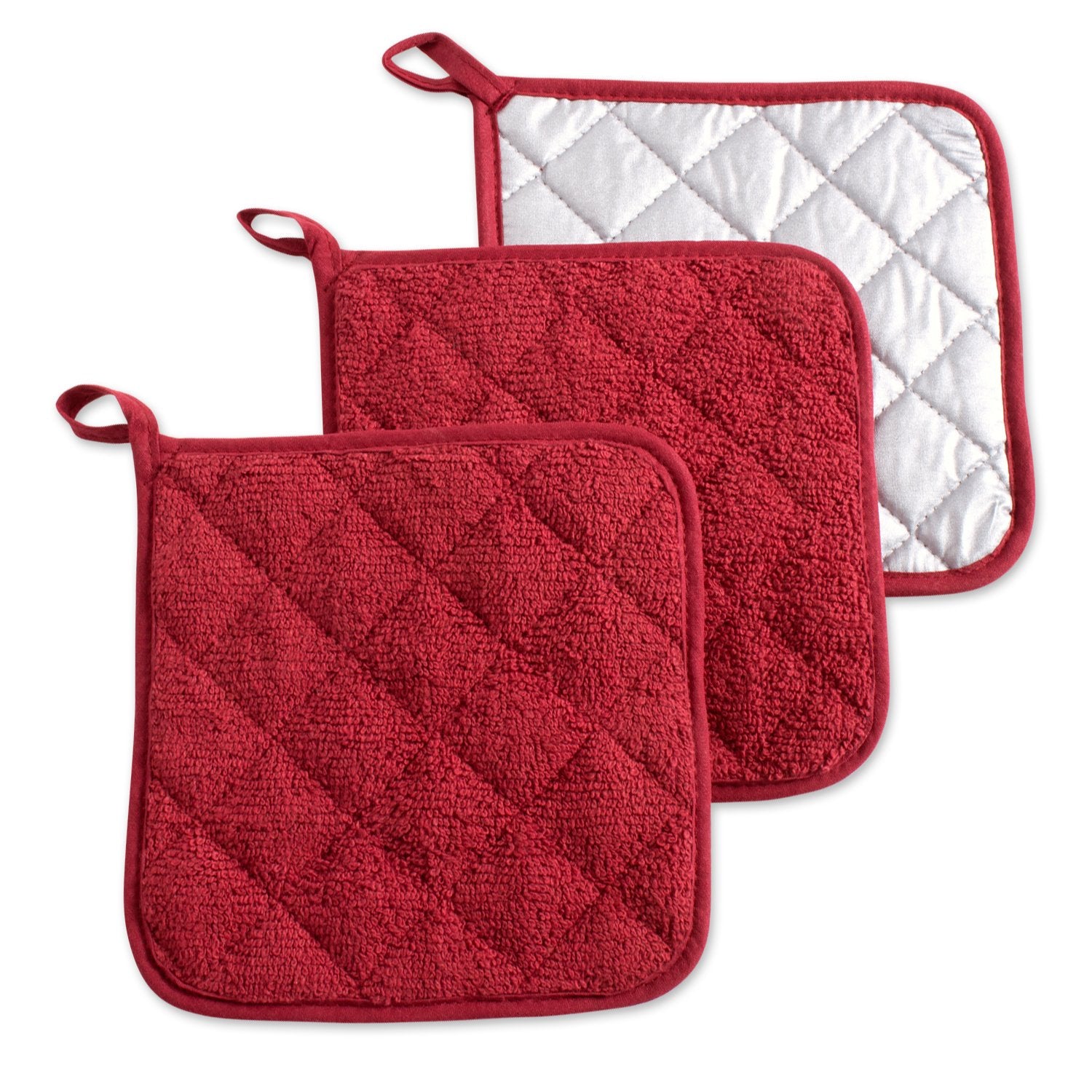 Dii Basic Terry Collection Quilted 100% Cotton, Potholder, Barn Red, 3 Piece