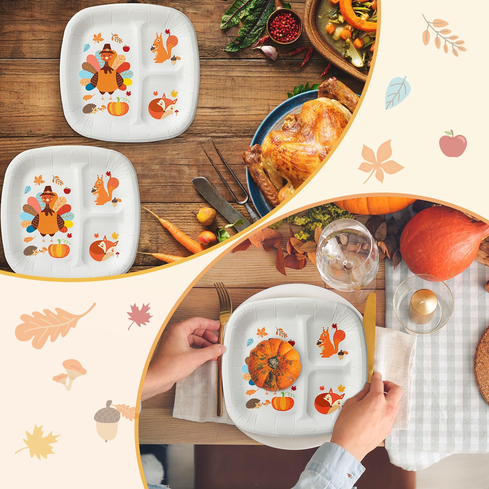 Havawish 24 Pcs Thanksgiving Turkey Divided Plates for Kids 9 x 9 Inch Disposable Paper Thanksgiving Dinner Tray for Thankful Pa