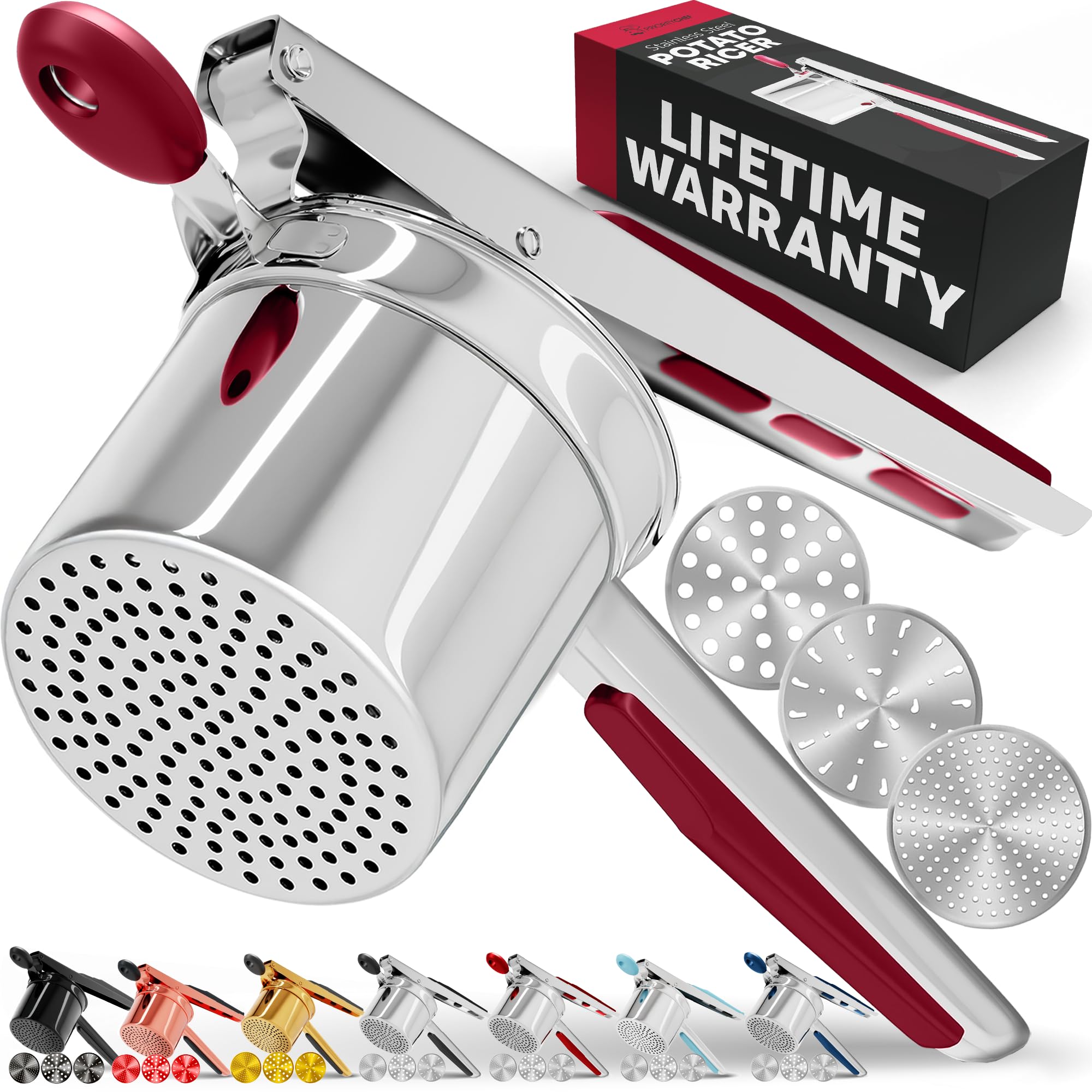 PriorityChef Large 15oz Potato Ricer With 3 Discs, Heavy Duty Stainless Steel Potato Ricer for Mashed Potatoes, Potato Masher, P