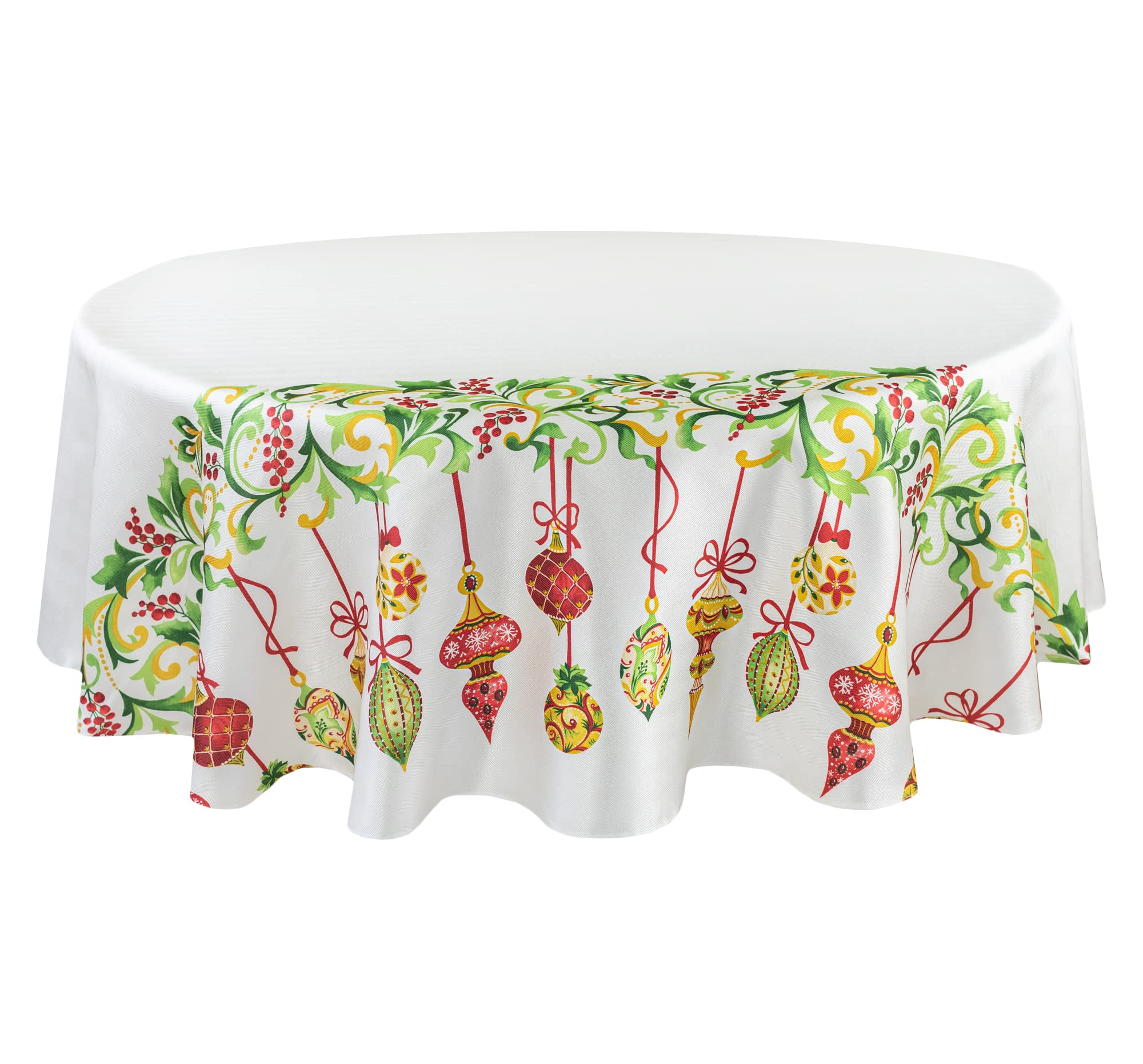 Benson Mills Holiday Trimmings Printed Fabric Table Cloth, Holiday, Winter, And Christmas Tablecloth (70'' Round)