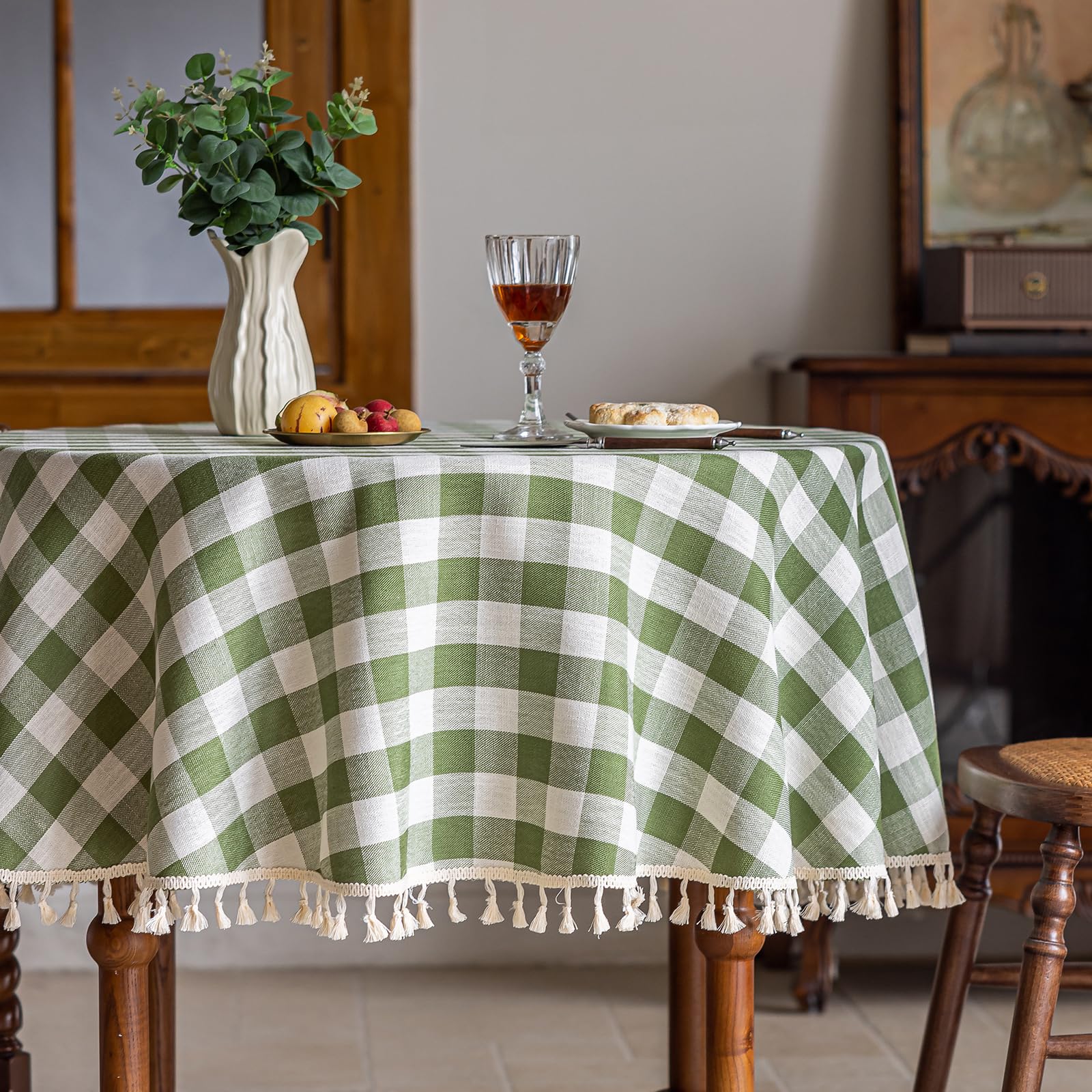 Alsoo Green Gingham Tablecloth Round 60 inch, Summer Washable Checkered Plaid Table Cloth Cotton Linen Fabric Outdoor Picnic Par