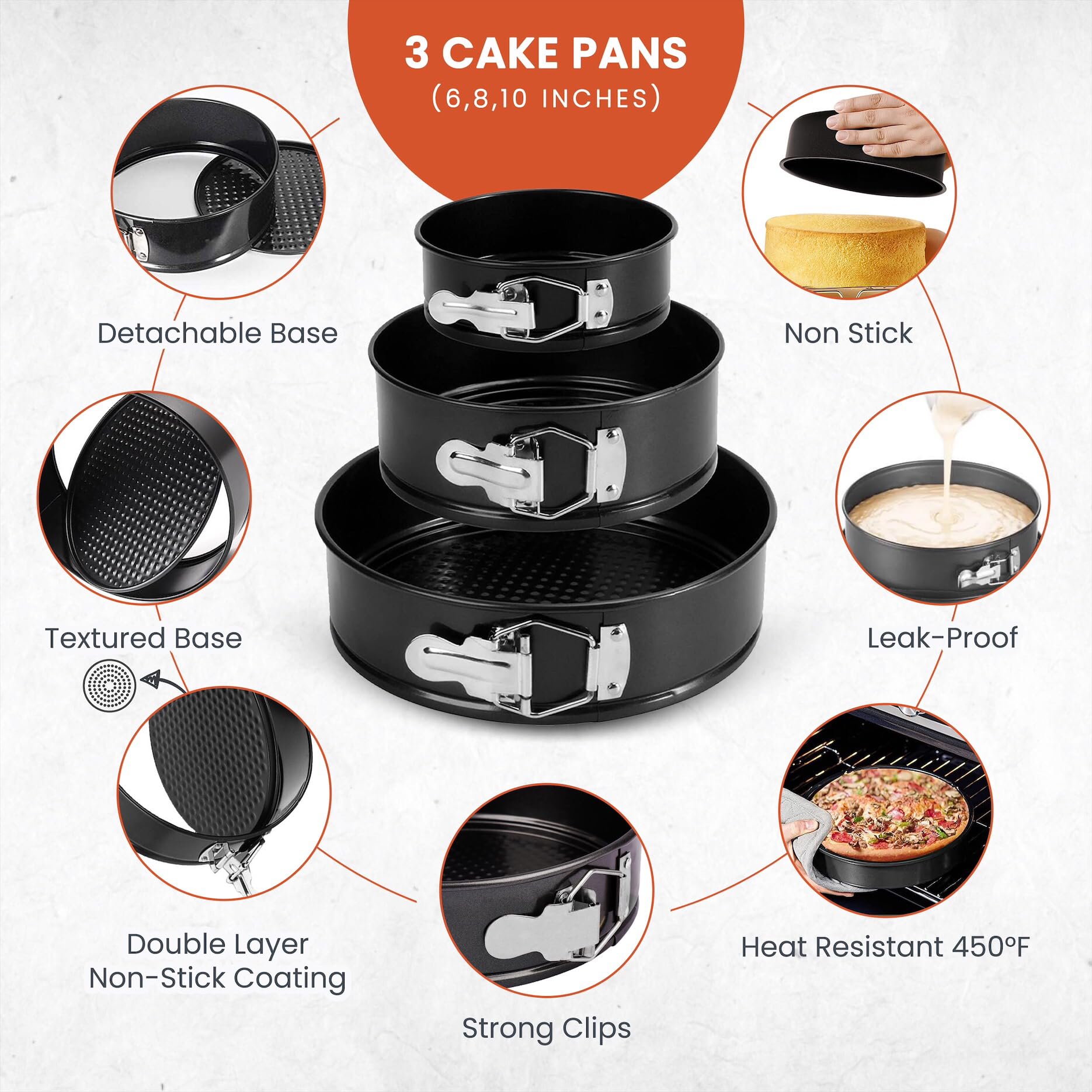 Rfaqk Springform Pan Set Of 3 - Non-Stick Leakproof Round Cake Pans (6'', 8'', 10'') With 90 Pcs Parchment Paper Liners And Bonu