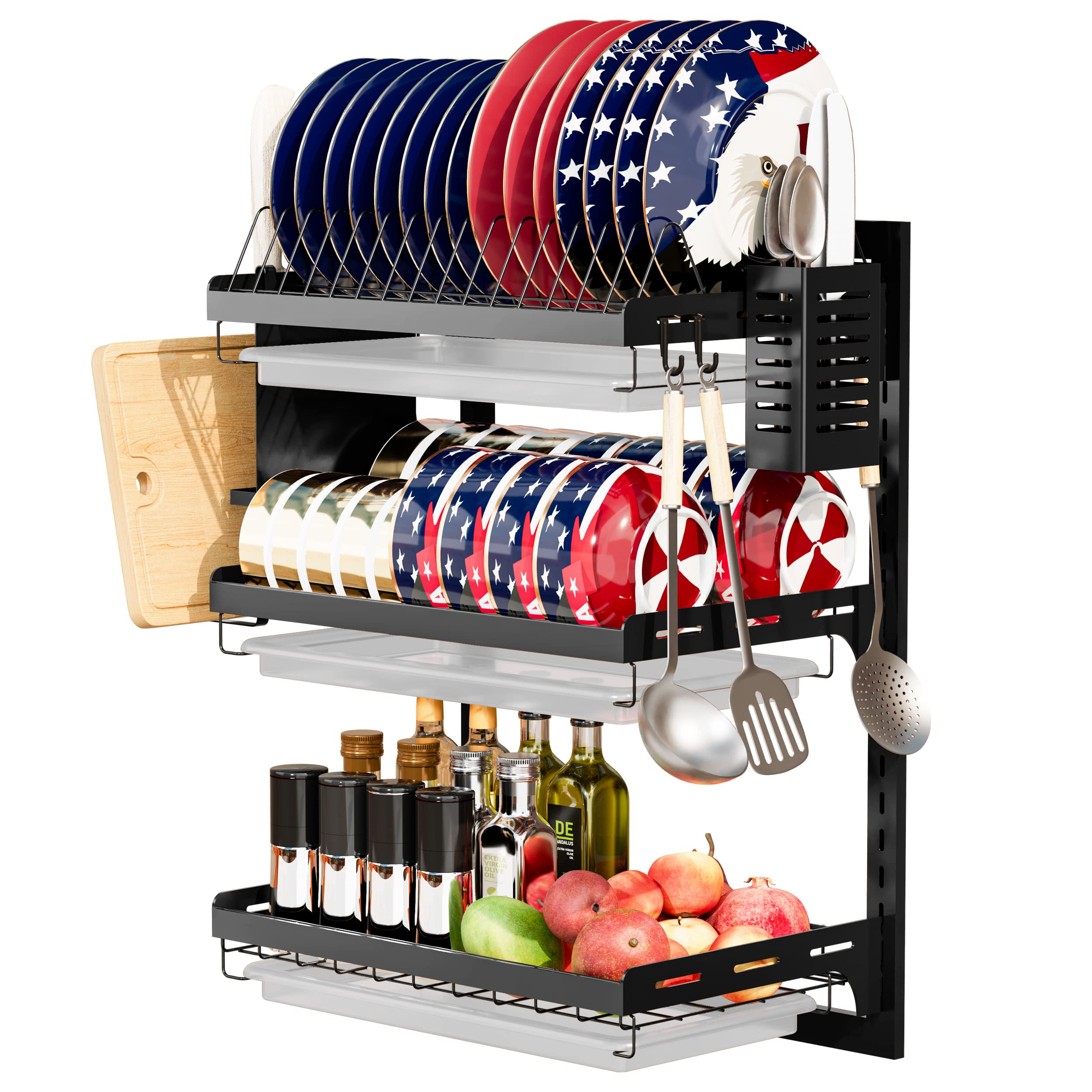 Virgorack 3 Tier Large Wall Mounted Dish Drainer, Stainless Steel Dish Rack, Dish Drying Rack For Kitchen With Utensil Organizer