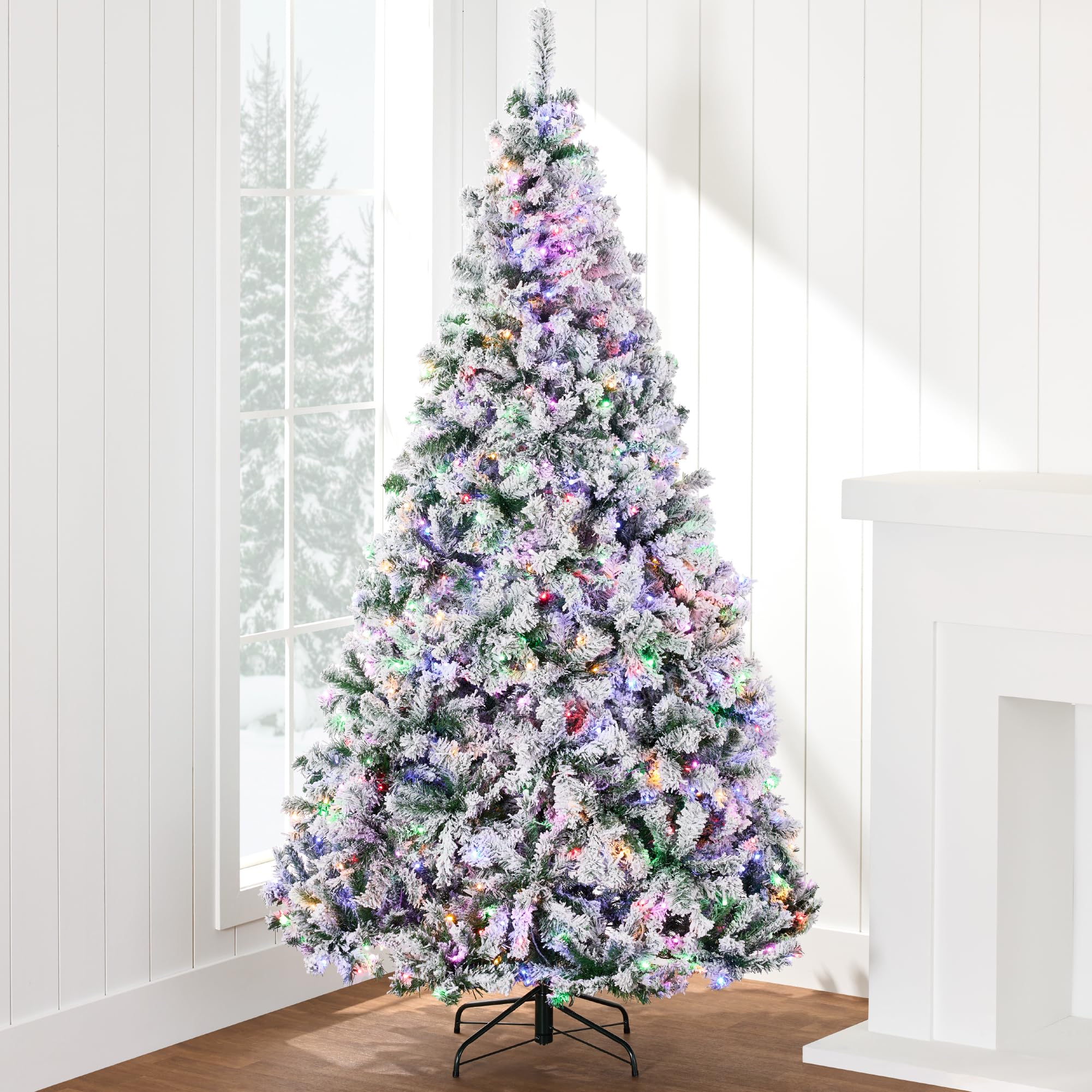 Best Choice Products Pre-Lit Artificial Christmas Tree 4.5ft Snow Flocked Pine Tree, 2-in-1 White and Multicolor LED Lights, Ful