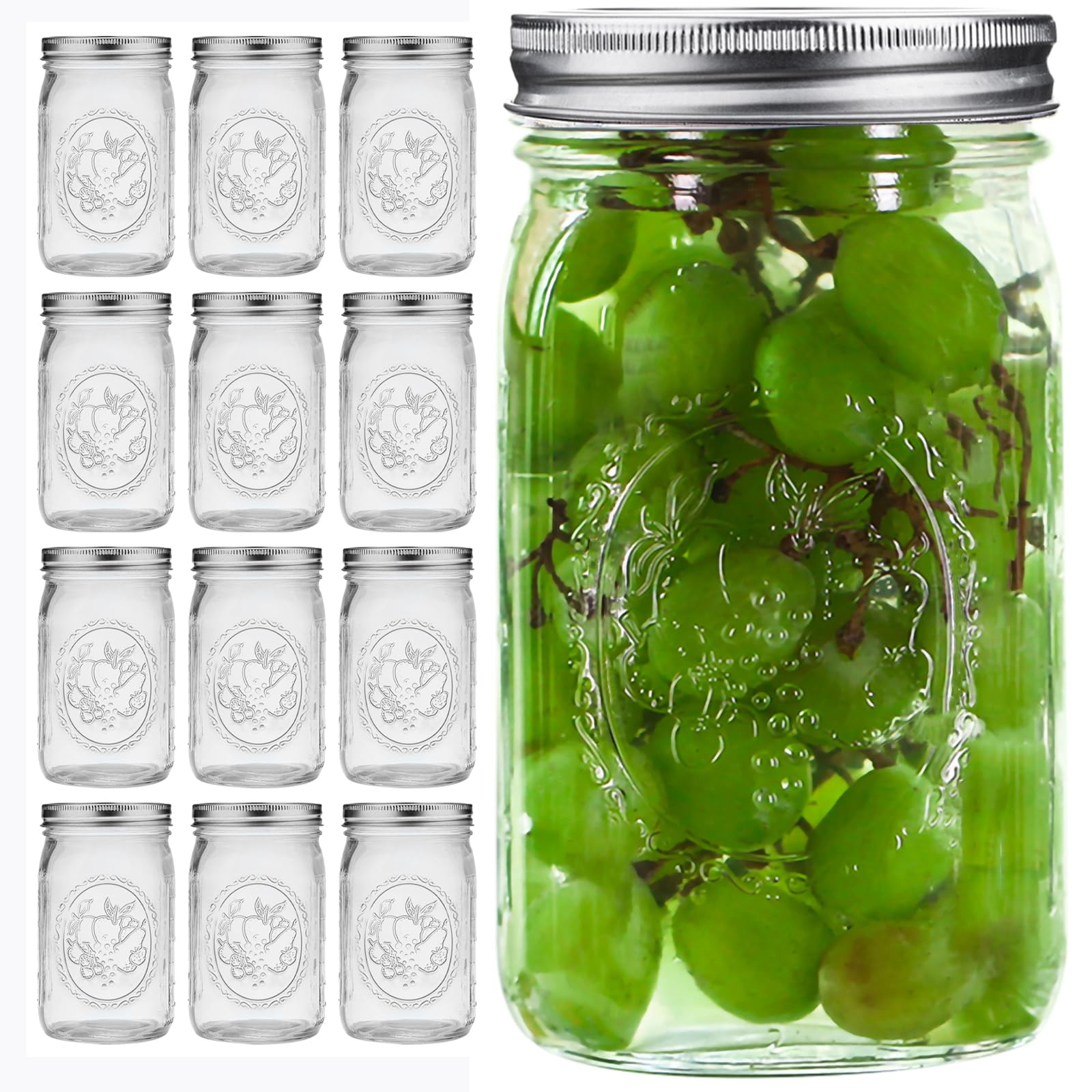 eleganttime Wide Mouth Mason Jars 32 oz with Lids and Bands Set of 12 Jars,Quart Large Glass Mason Jars with Airtight Lids,Great