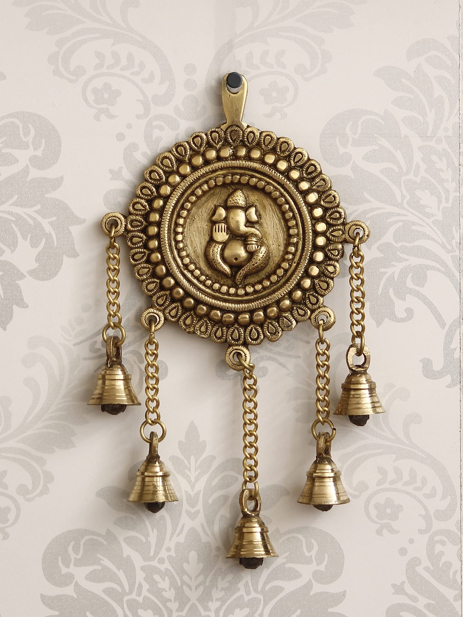 Ecraftindia Golden Brass Decorative Ganesha Wall Hanging Art With 5 Bells | Lord Ganesha Statue Decorative Showpiece For Wall De