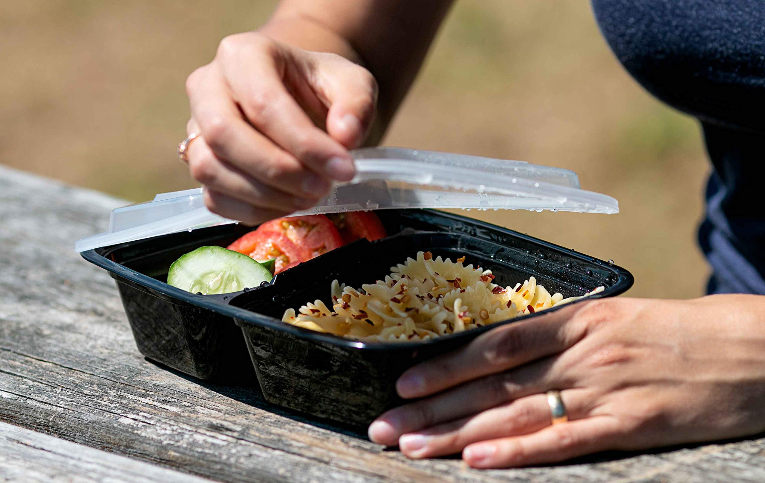 SafeWare 28oz Reusable Meal Prep Container - 2 Compartment, Clear/Black, Microwave & Dishwasher Safe, 25 Sets