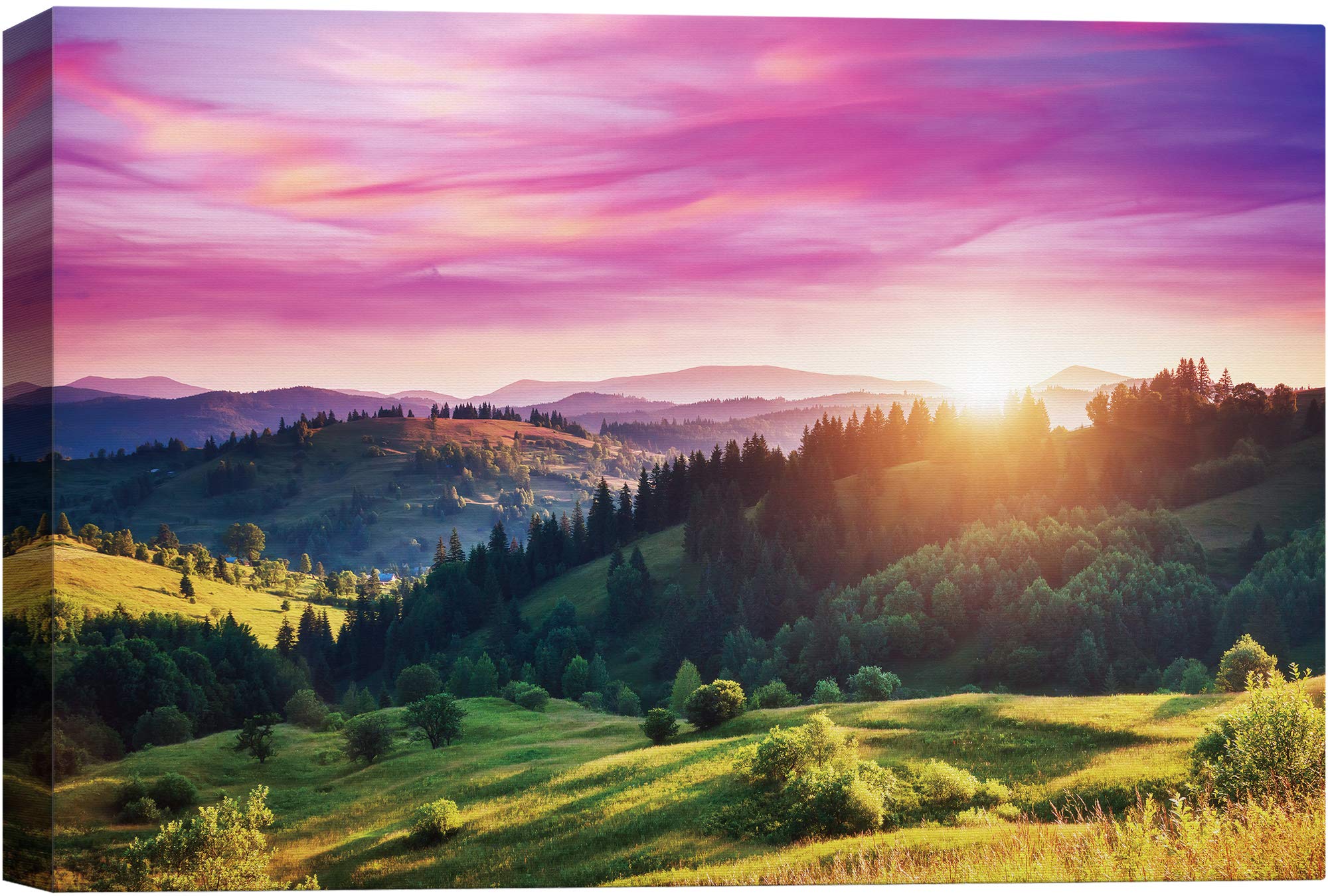 Signwin Canvas Wall Art Sunrise Over Green Yellow Valleys Forest In Pink And Purple Sky Landscape Wilderness Realism Modern Pano