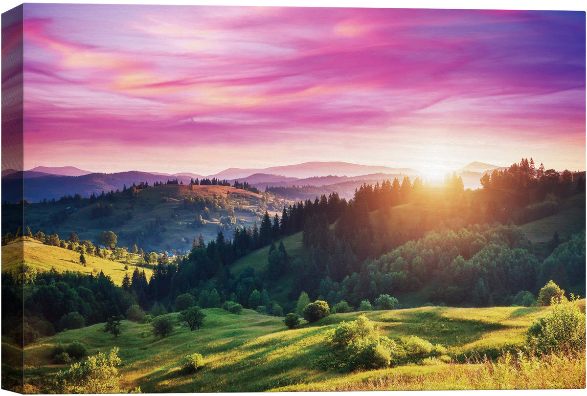 Signwin Canvas Wall Art Sunrise Over Green Yellow Valleys Forest In Pink And Purple Sky Landscape Wilderness Realism Modern Pano