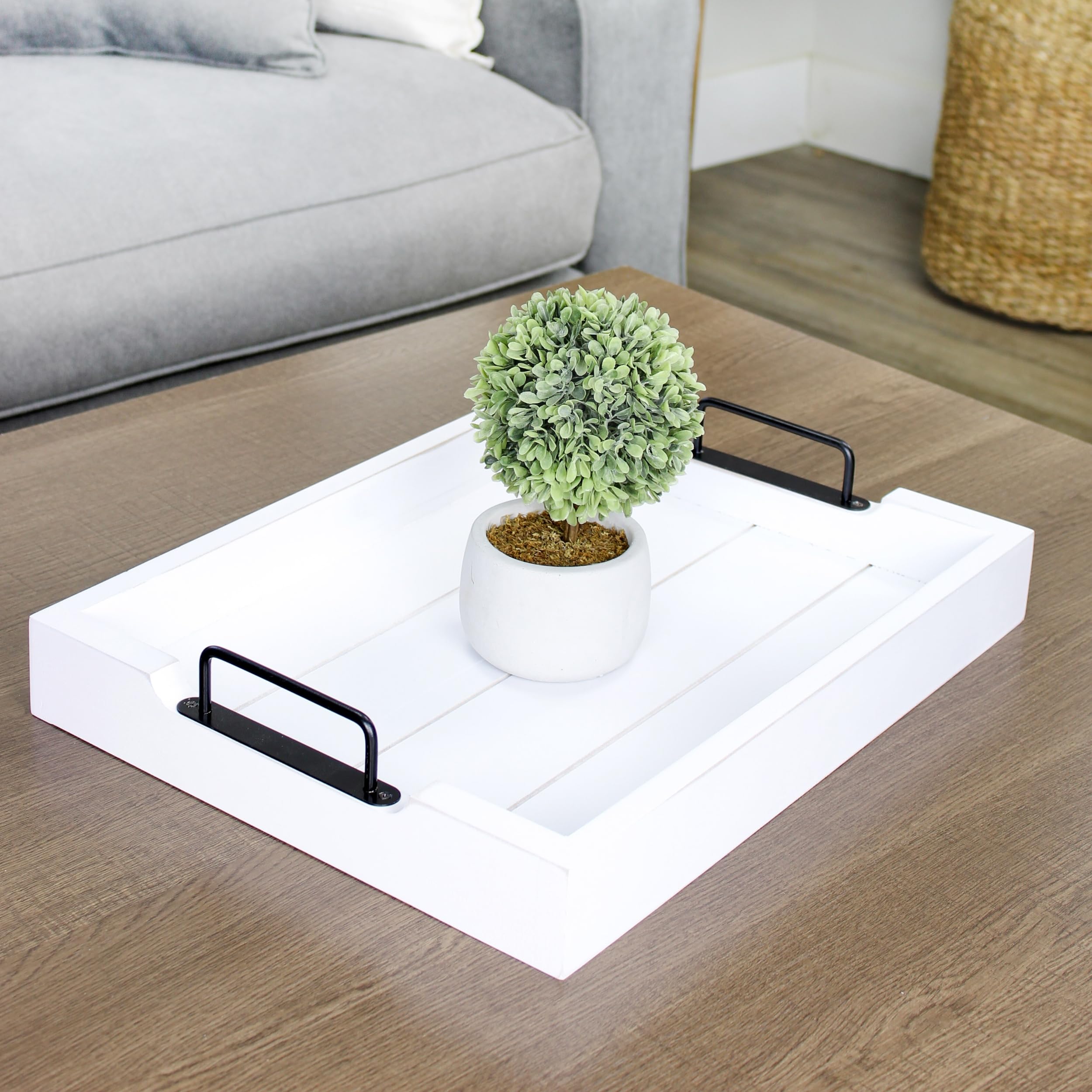 Auldhome Rustic Wood Serving Tray (White); Wooden Farmhouse Shiplap Decorative Ottoman Tray With Black Metal Handles, 16.75 X 12