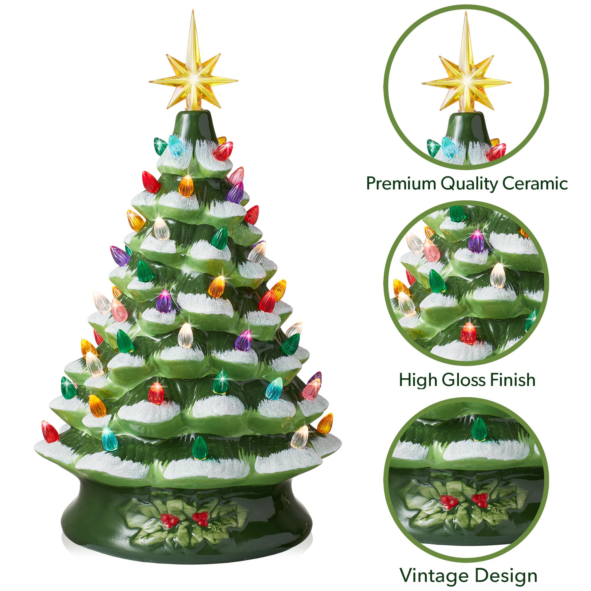 Casafield Hand Painted Ceramic Christmas Tree, Green Snow Flocked 15-Inch Pre-Lit Tree with 128 Multi-Color Lights and 2 Star To