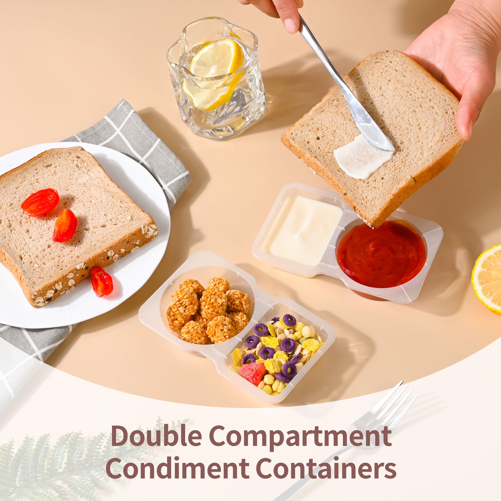 Rxrrxr 10Pcs Double Compartment Condiment Container Reusable Snack Container 2 Compartments With Lids Snack Pack Container Sauce