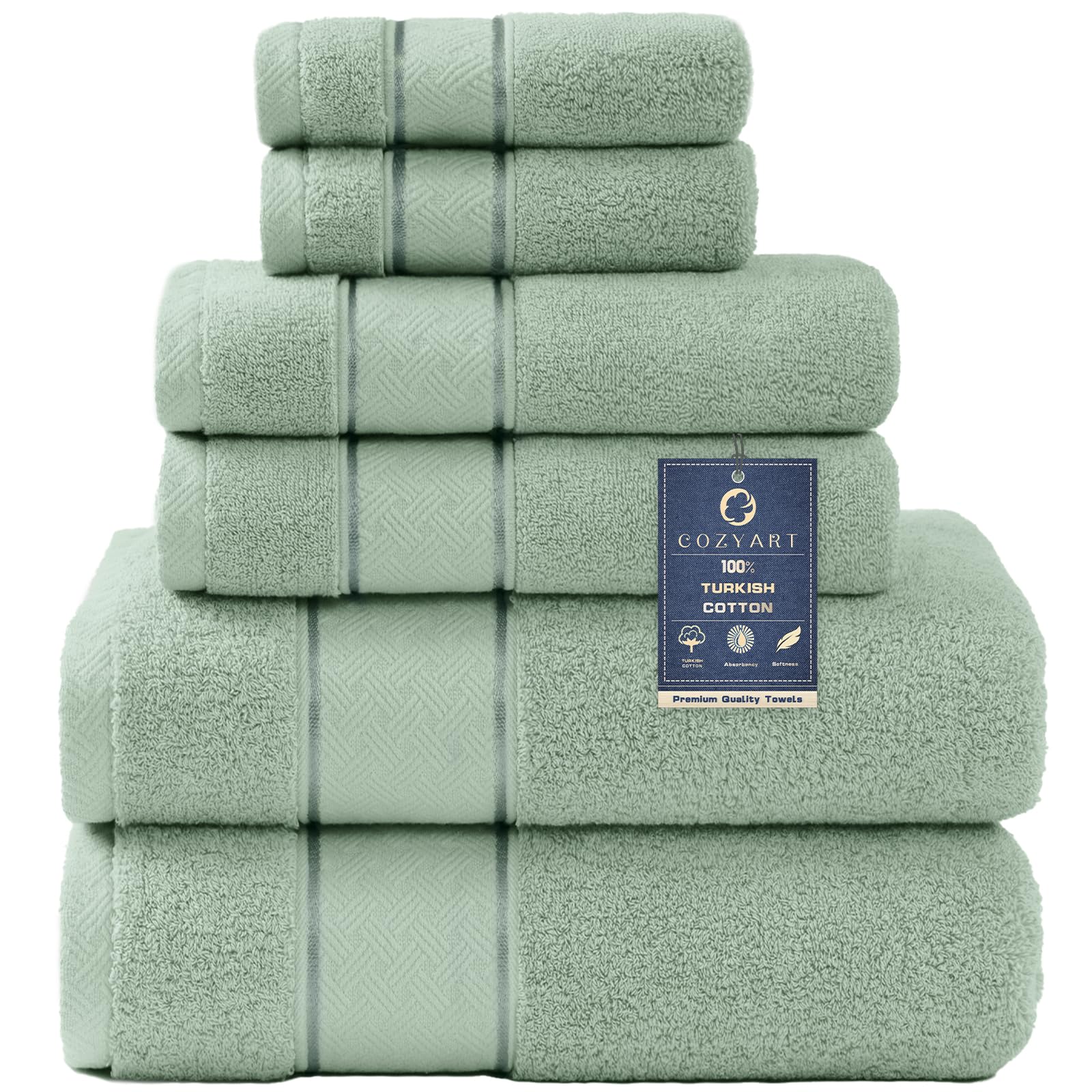 Cozyart Sage Green Bath Towels Set 6 Piece, 2 Bath Towels 2 Hand Towels 2 Washcloths, Luxury 100% Turkish Cotton 650Gsm Hotel Qu