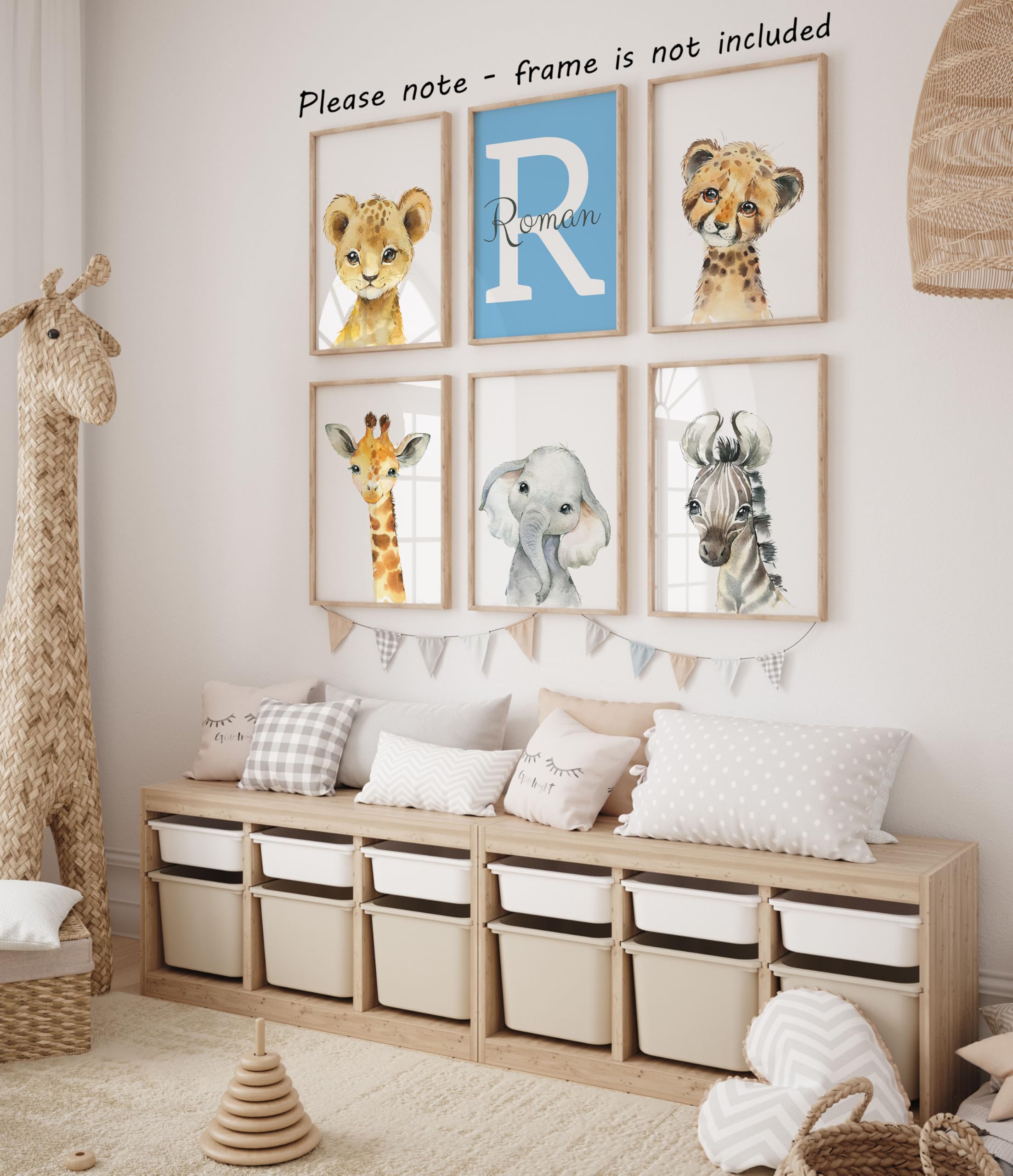 Personalized Safari Animals for Boy Girl Nursery  Set of 6 Unframed Bedroom Poster Prints  Personalized Name Blue Green Yellow  Giraffe Elephant Lion Panda (11x14)