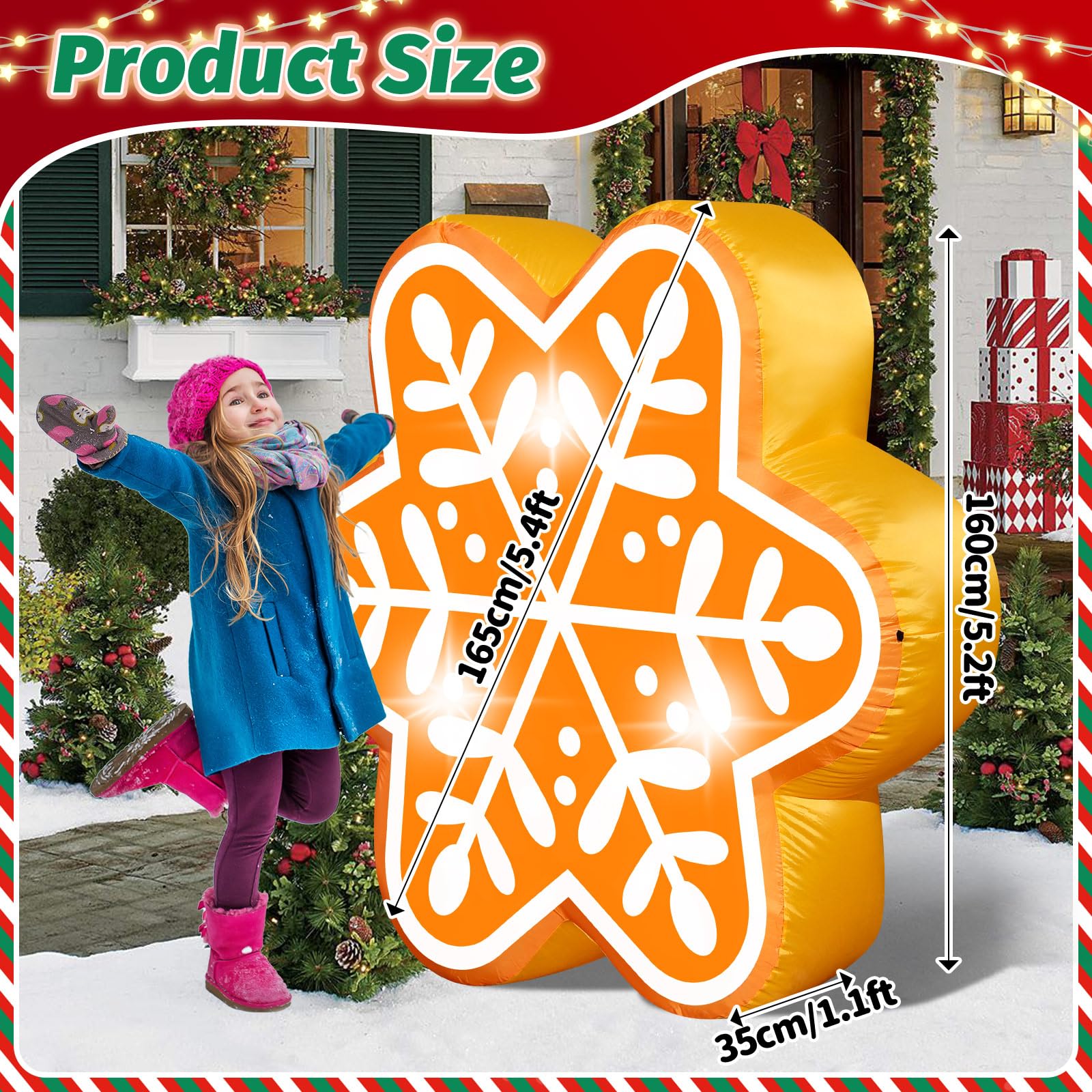 5FT Christmas Inflatable Snowflake Gingerbread Blow-up Giant Gingerbread Snowflake Built-in 3 LED Lights for Christmas Inflatabl