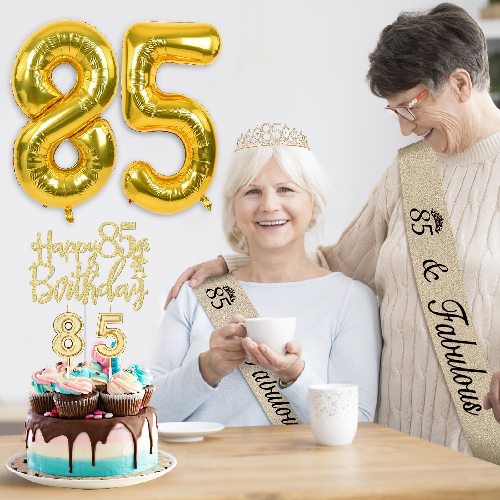 85Th Birthday Decorations For Women Gold With 85Th Birthday Sash And Tiara, 85Th Birthday Cake Topper And Birthday 85 Candles, B