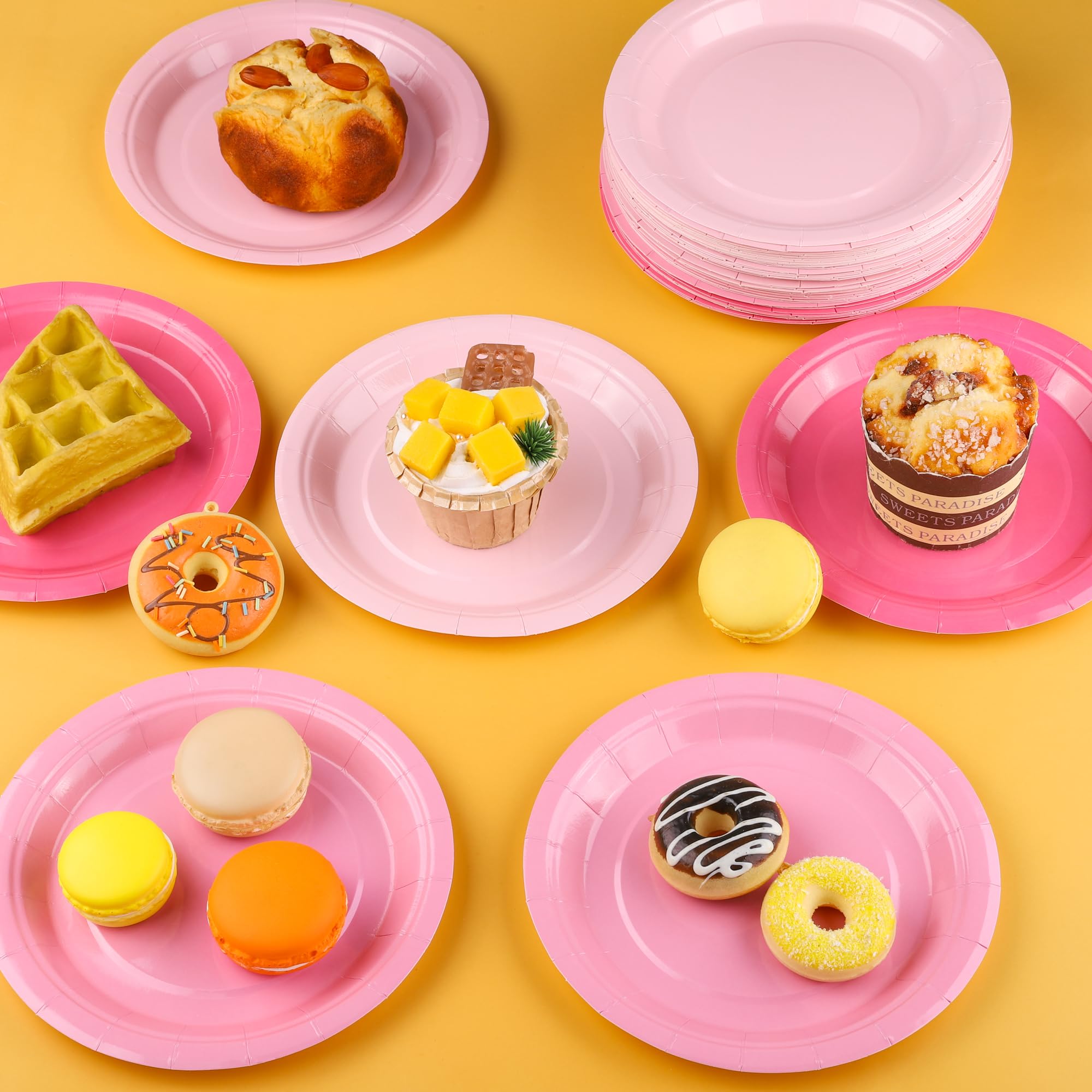 Breroa 72 Pieces Gradient Pink Paper Plates 7 Inch Bulk Paper Plates Disposable Round Dessert Plates Heavy Duty Solid Color Pape