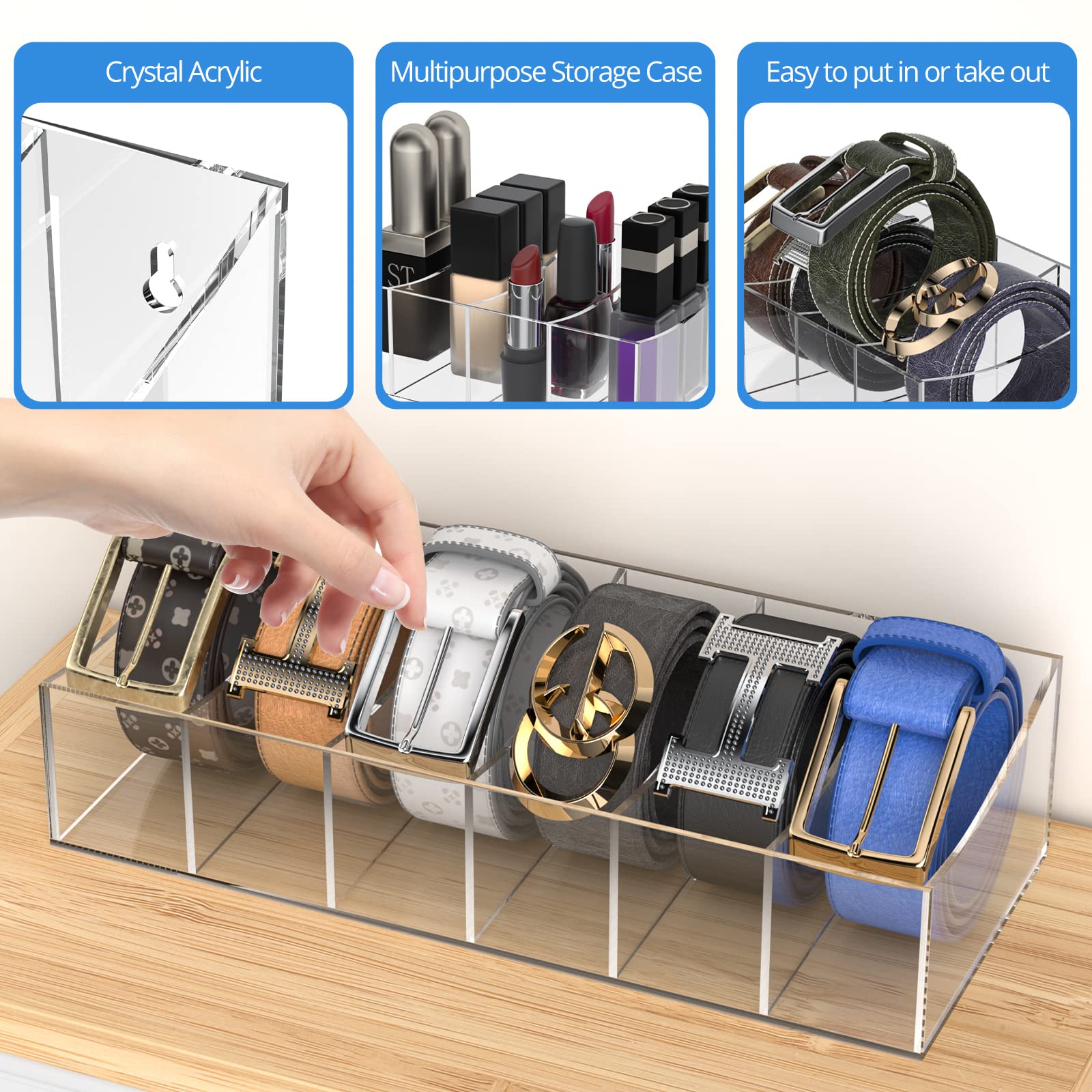 Kdsksc Belt Organizer, Acrylic Belt Storage Holder For The Closet And Drawer, 6 Compartments Belt Container Clear Display Case F